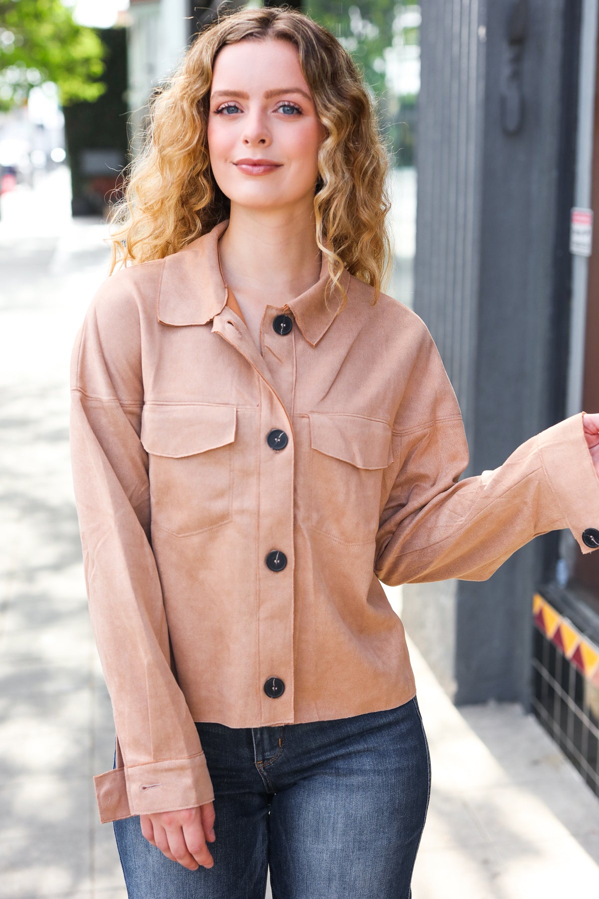 Feel Your Best Camel Faux Suede Crop Boxy Fit Jacket