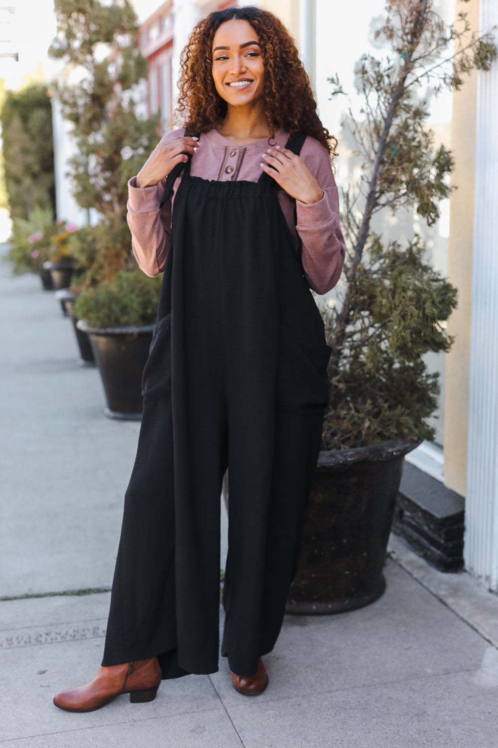 Feeing Joyful Black Wide Leg Adjustable Baggy Bib Jumpsuit