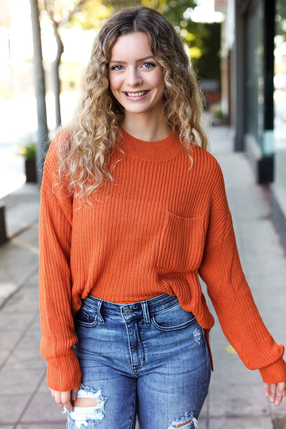 Pumpkin Spice Mock Neck Chest Pocket Knit Sweater