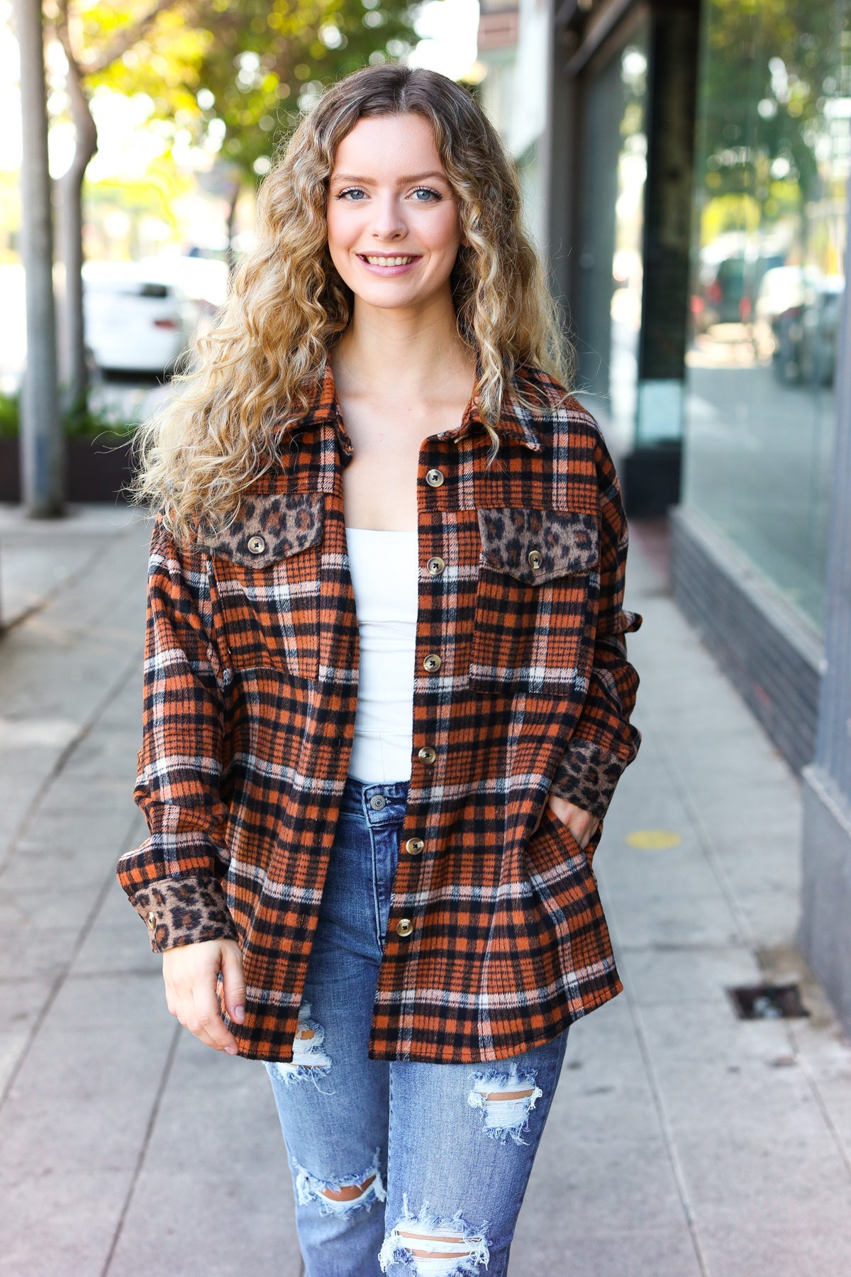 Put Together Rust Plaid & Animal Print Button Down Jacket