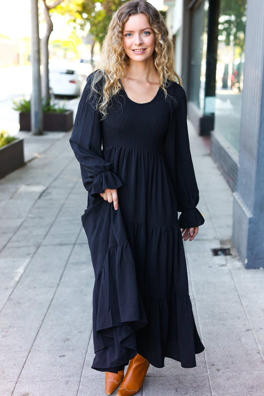 Beautiful You Black Smocked Ruffle Sleeve Maxi Dress