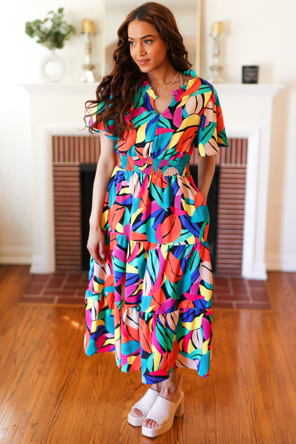 Be Bold Multicolor Abstract Tropical Print Smocked Waist Maxi Dress