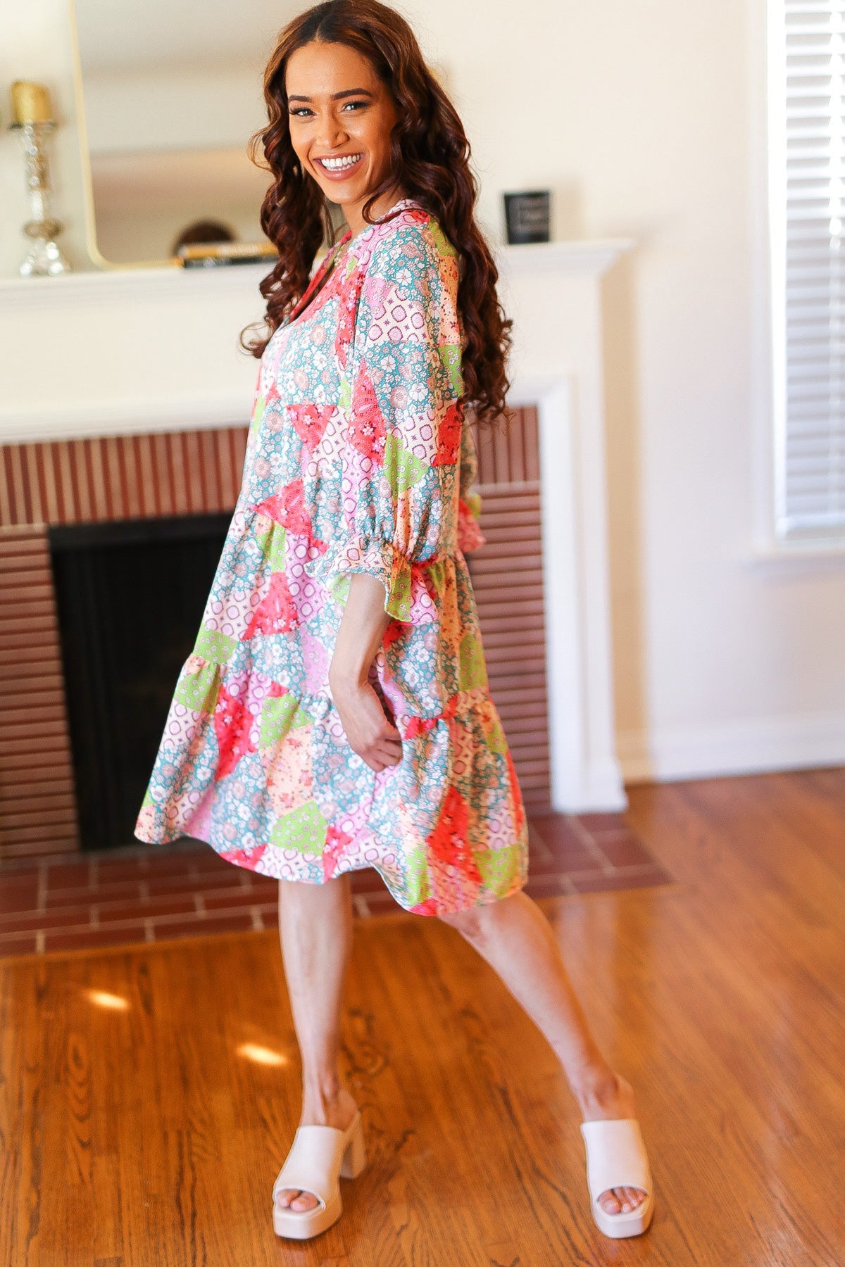 Look Of Love Lime & Coral Patchwork Print V Neck Dress