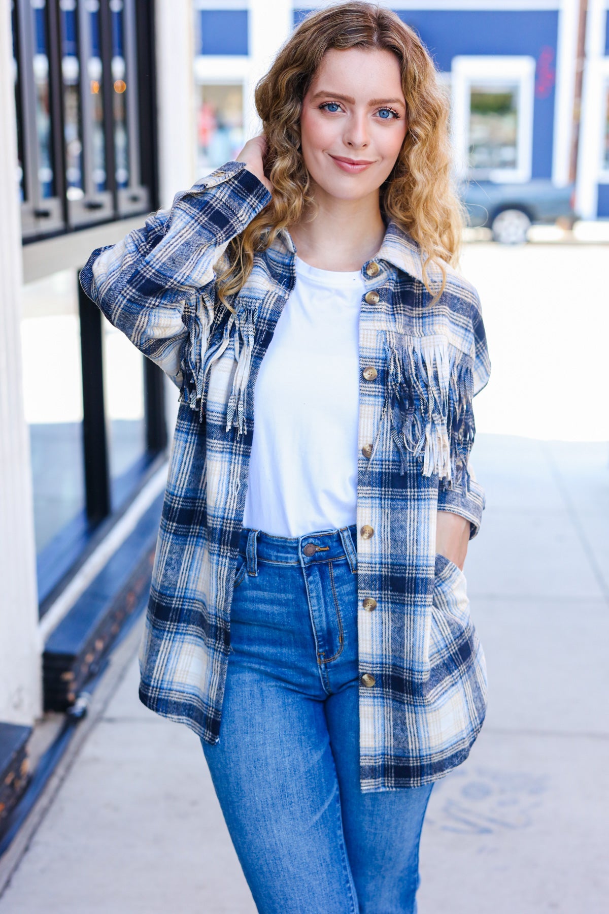 Boldly You Navy Plaid Fringe Button Down Shacket