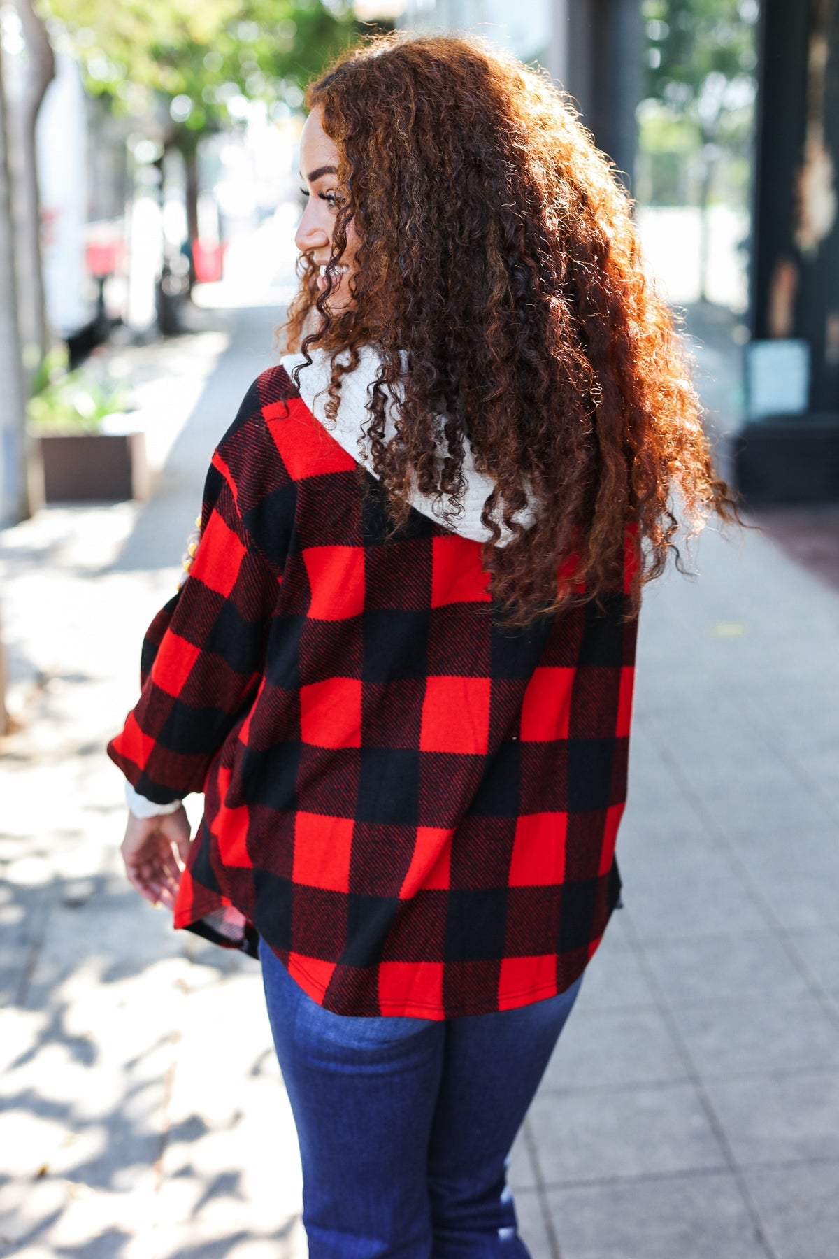 Stepping Out Red Buffalo Plaid Ribbed Hooded Sweater