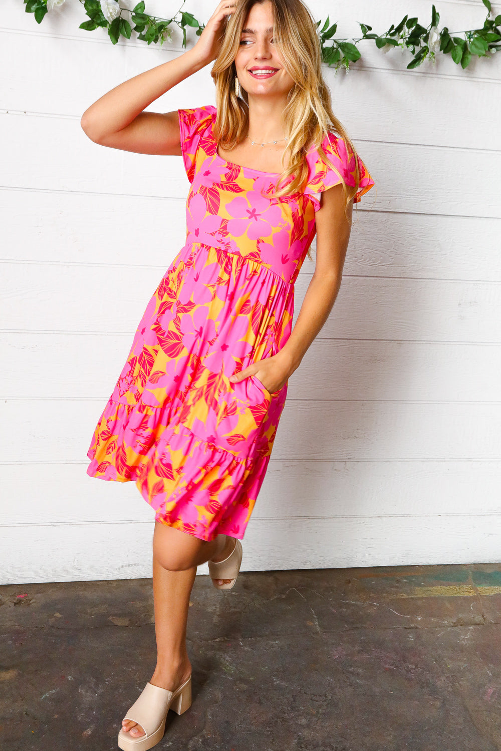 Fuchsia & Orange Tropical Floral Square Neck Dress