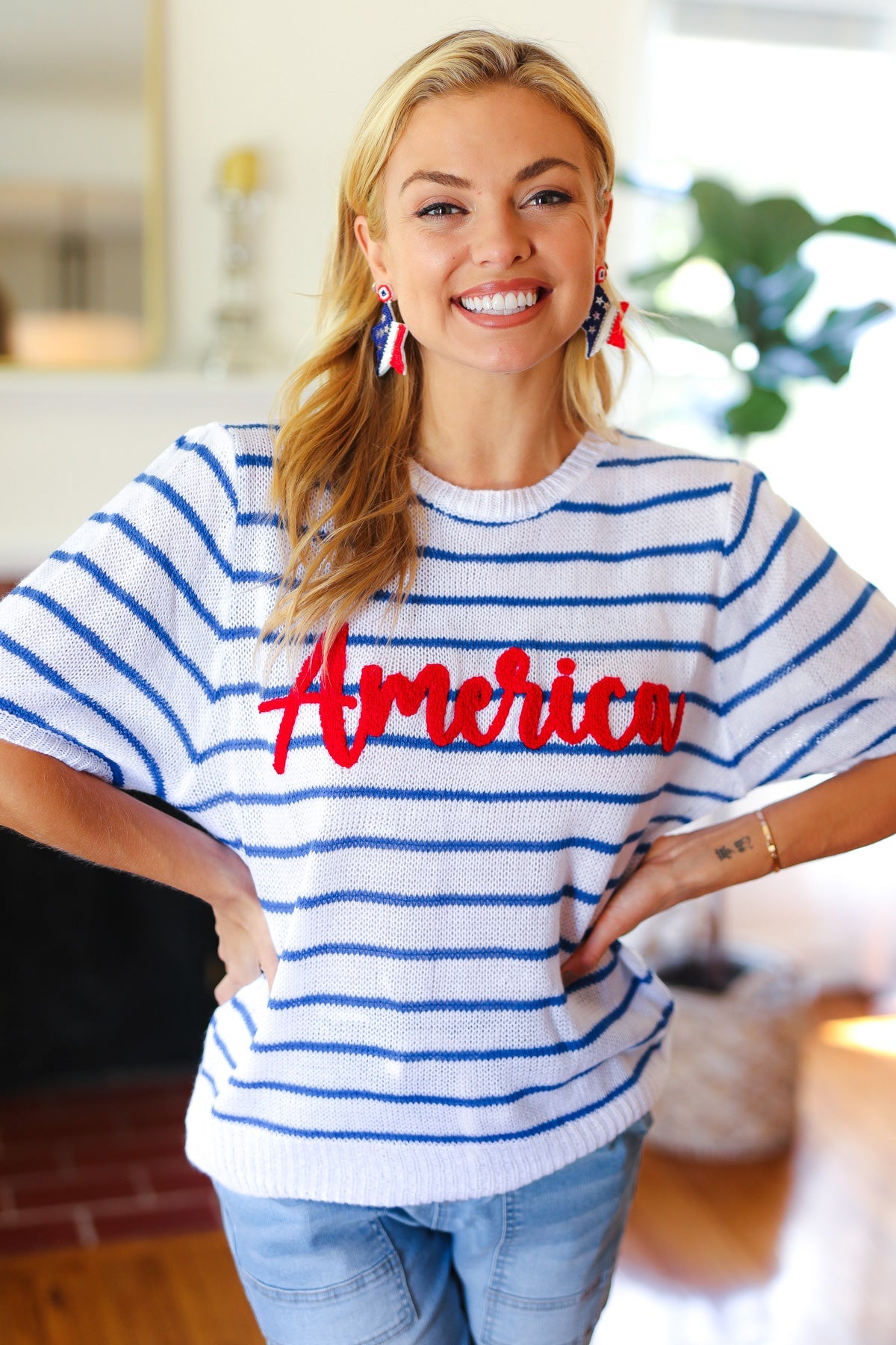 America Proud Blue Striped Embroidered Puff Sleeve Top