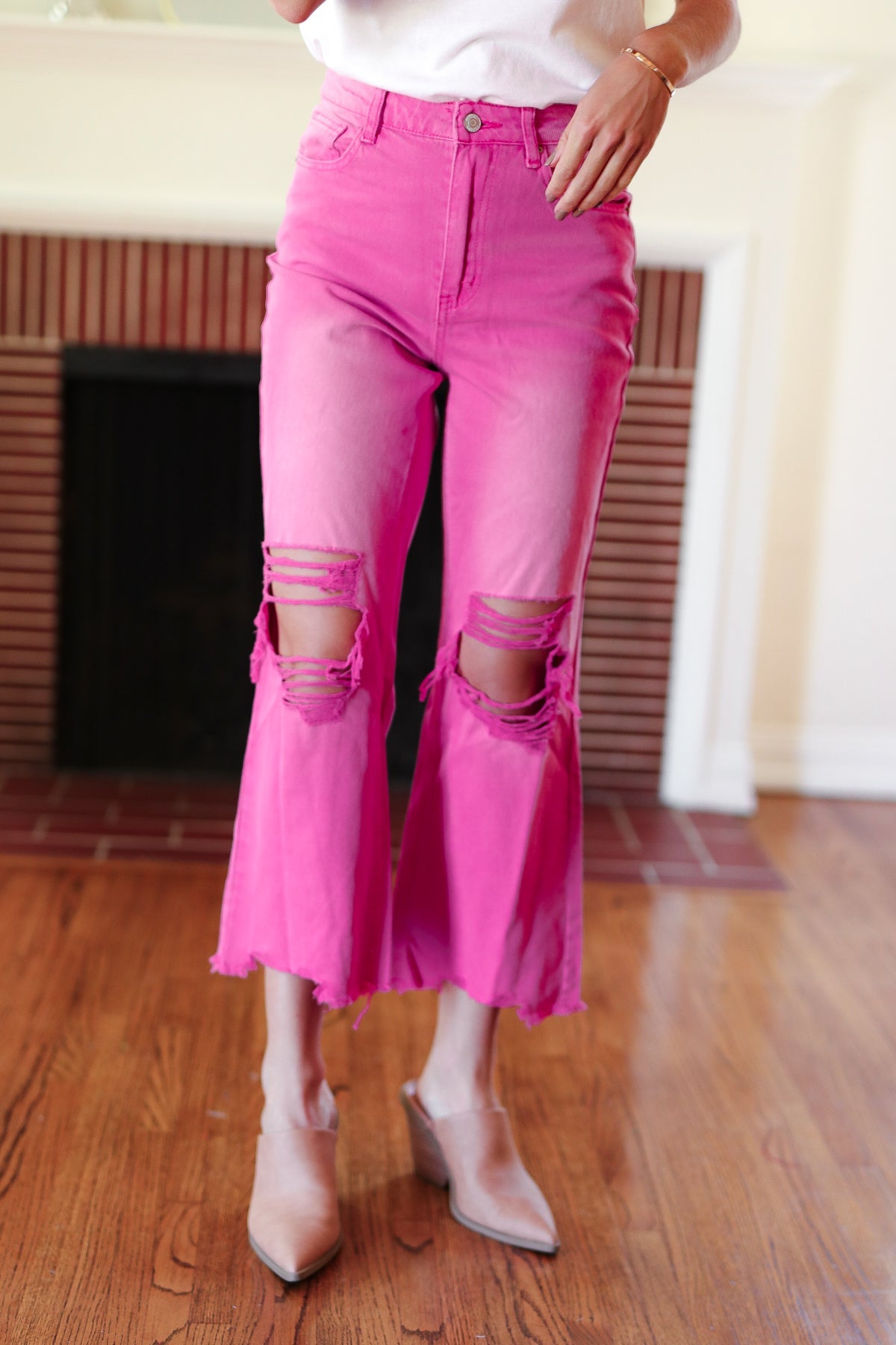 Cut Loose Hot Pink High Rise Washed Distressed Hem & Knee Cropped Pants