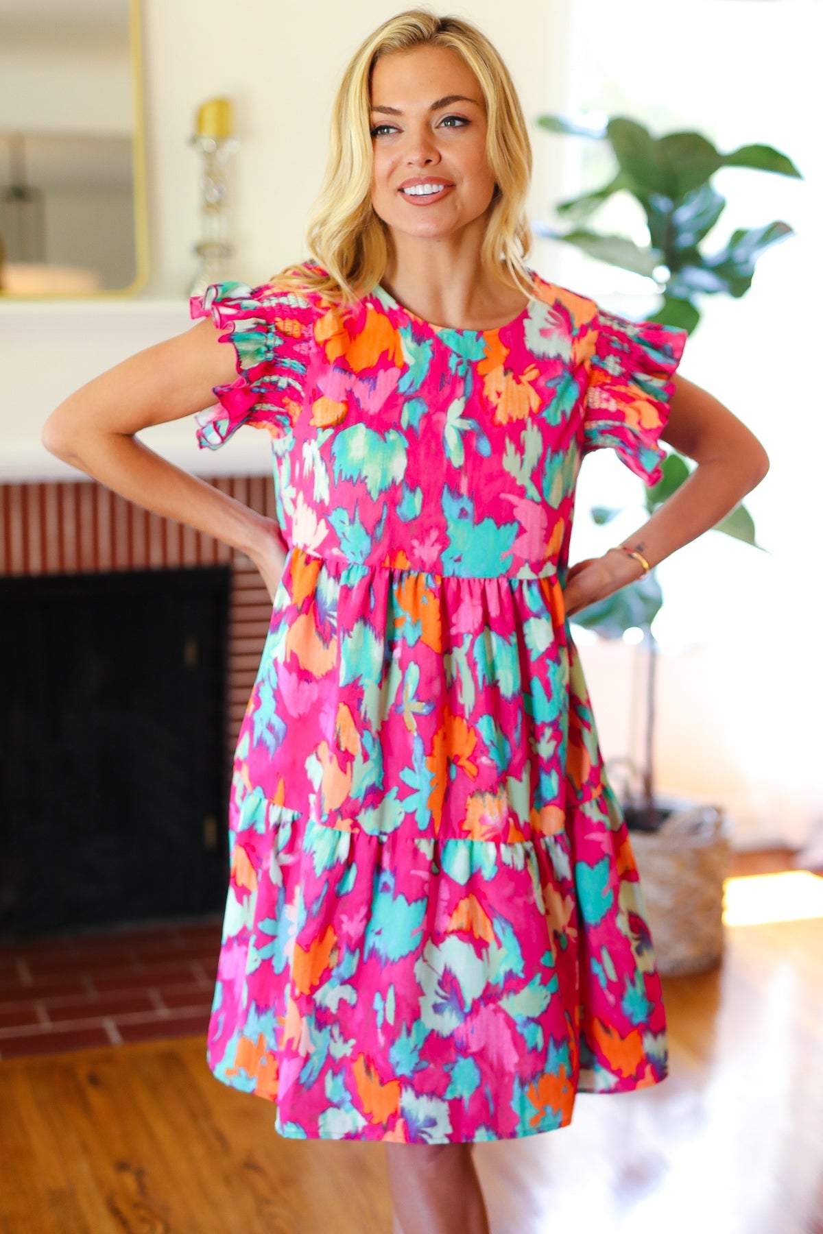 Look of Love Fuchsia Abstract Floral Print Smocked Ruffle Sleeve Dress