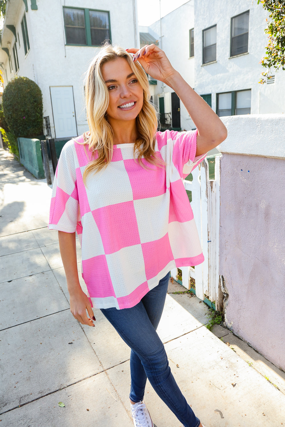 Dazzle In Pink & White Checker Print Waffle Knit Top