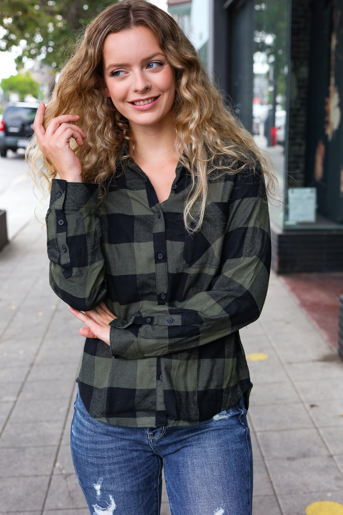 Casual Chic Army Green Plaid Button Down Long Sleeve Top