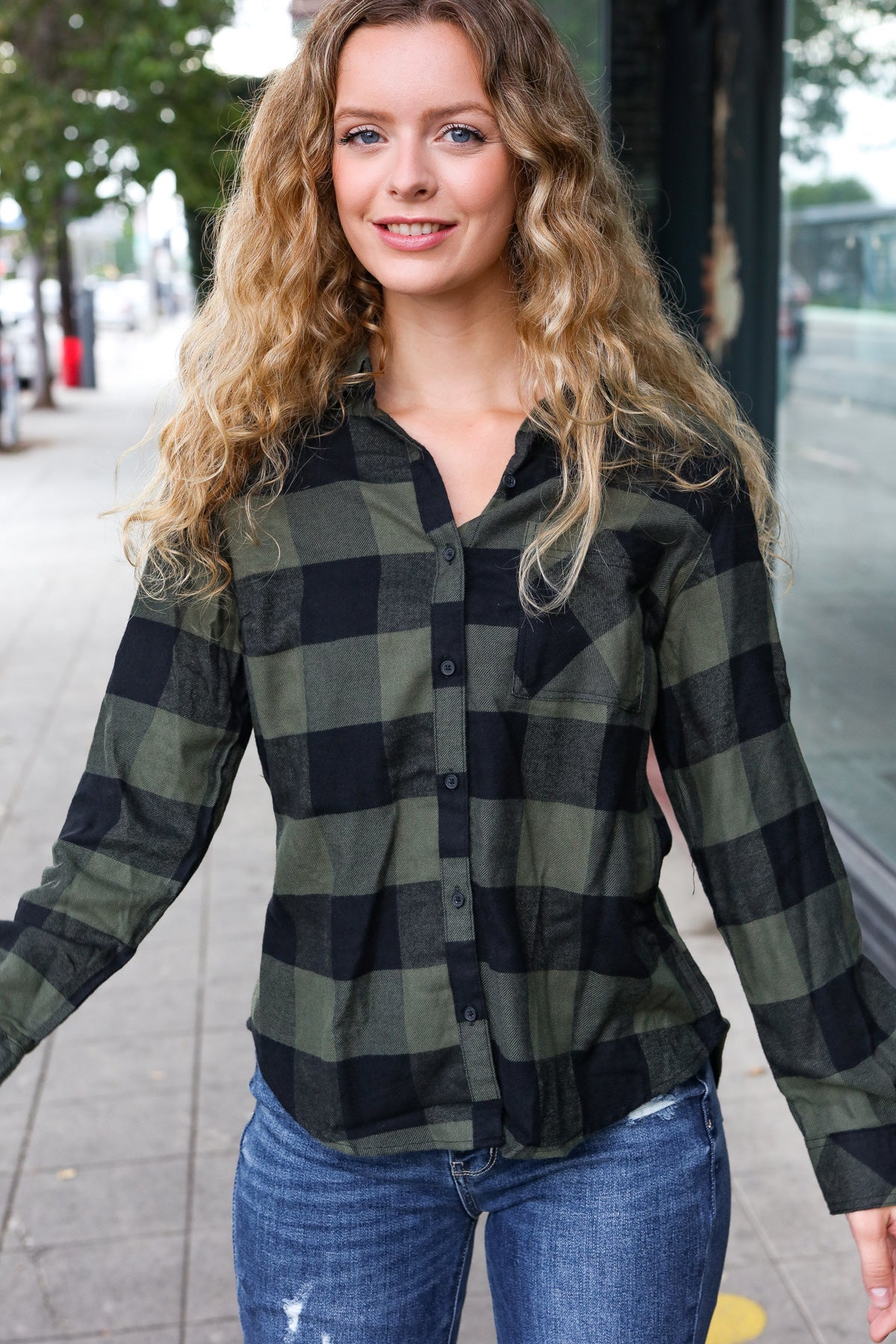 Casual Chic Army Green Plaid Button Down Long Sleeve Top