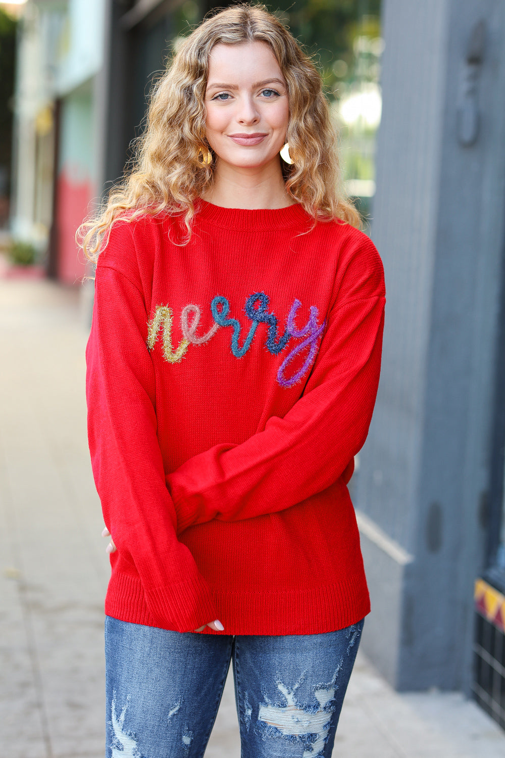 More The Merrier Red Pop Up Lurex Sweater