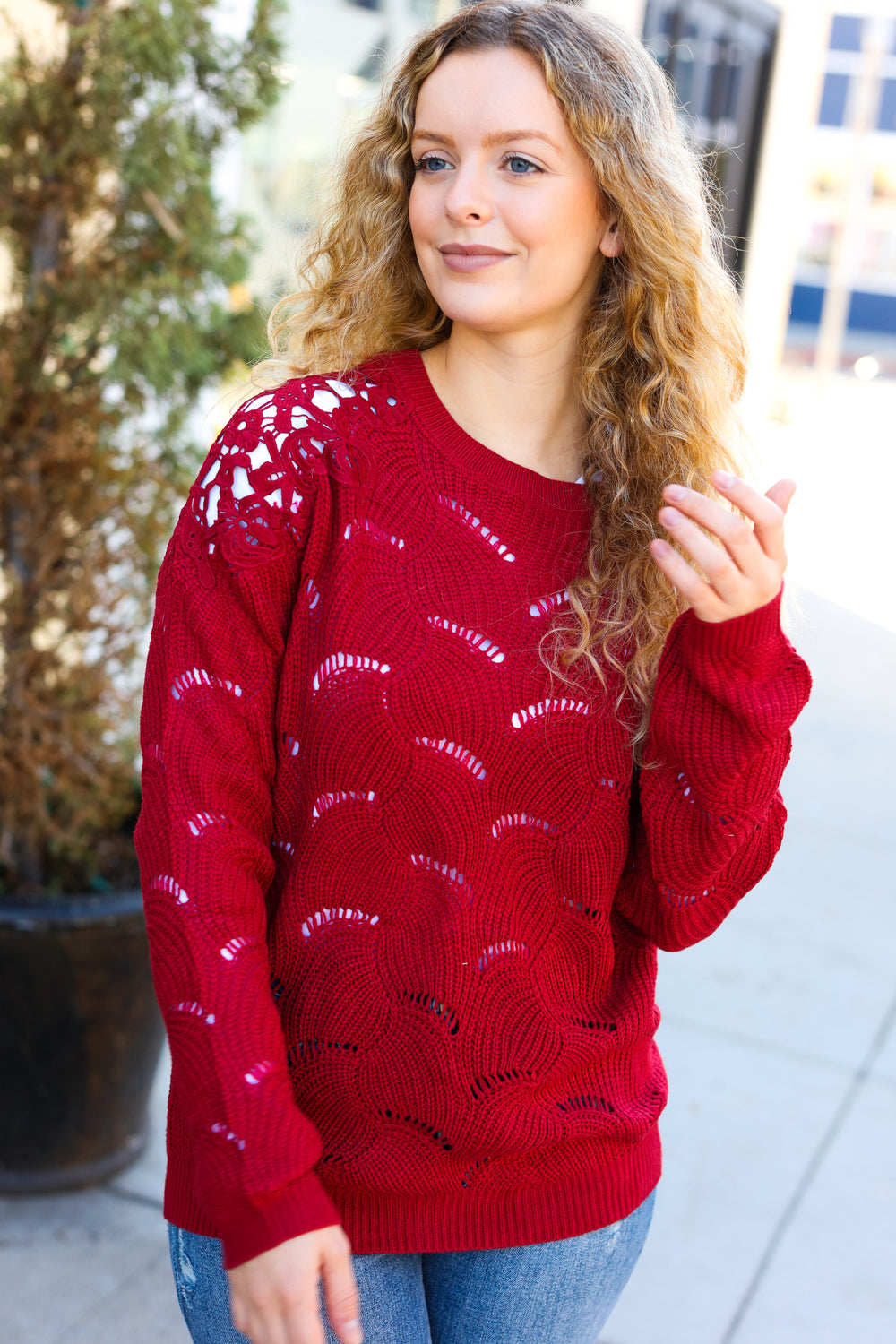 Casual Chic Burgundy Pointelle Lace Shoulder Knit Sweater