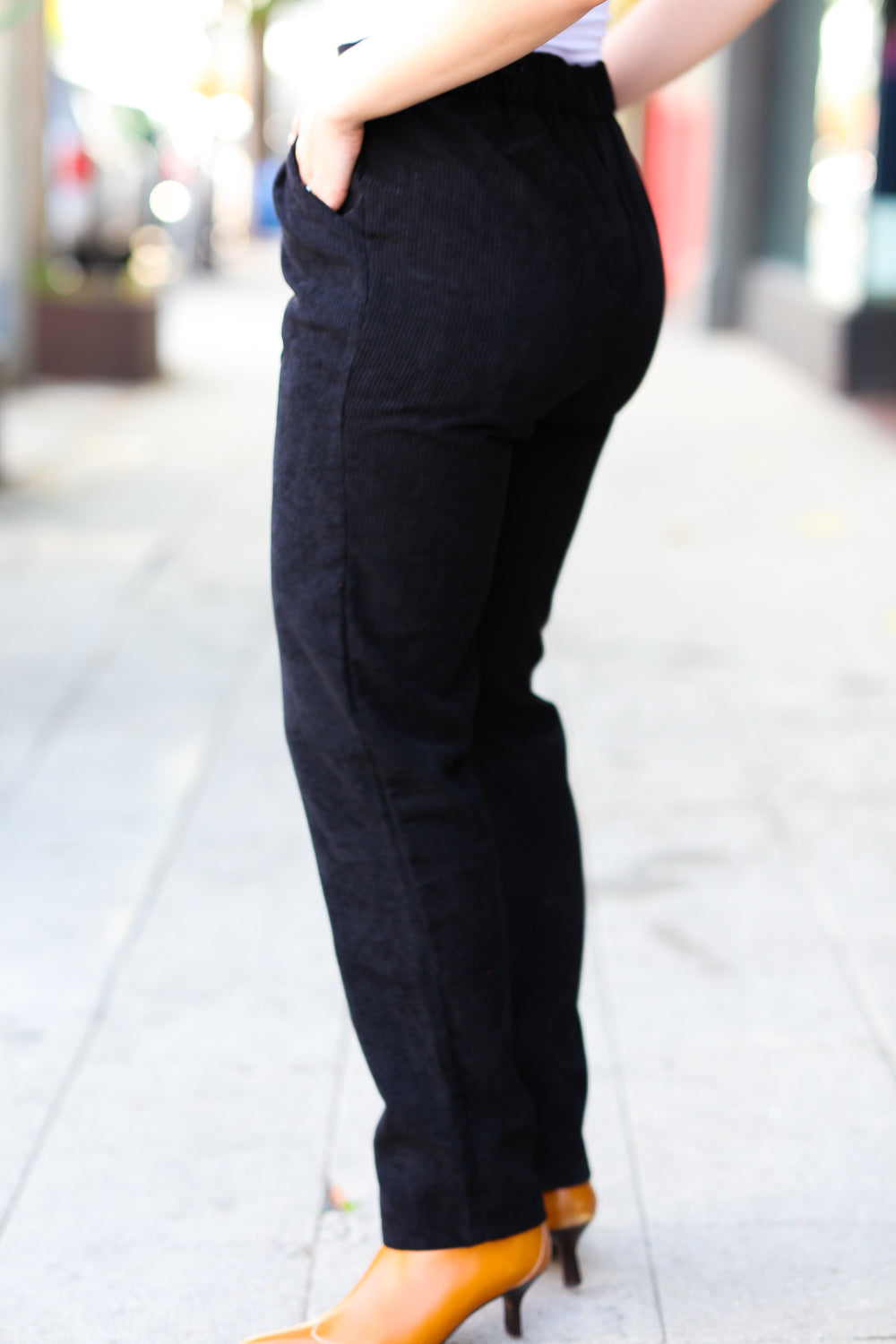 Going Your Way Black Corduroy High Rise Tapered Leg Pants