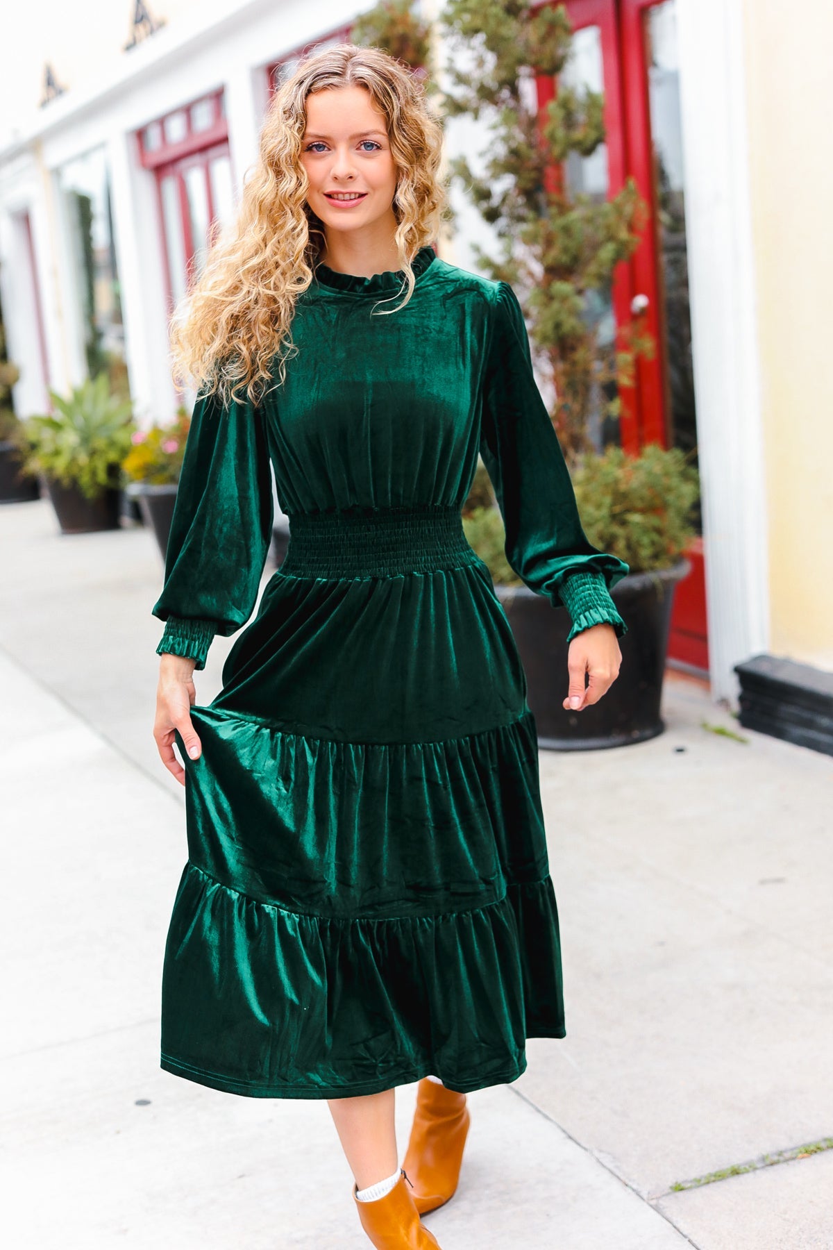 Holiday Dreaming Hunter Green Velvet Mock Neck Smocked Waist Dress