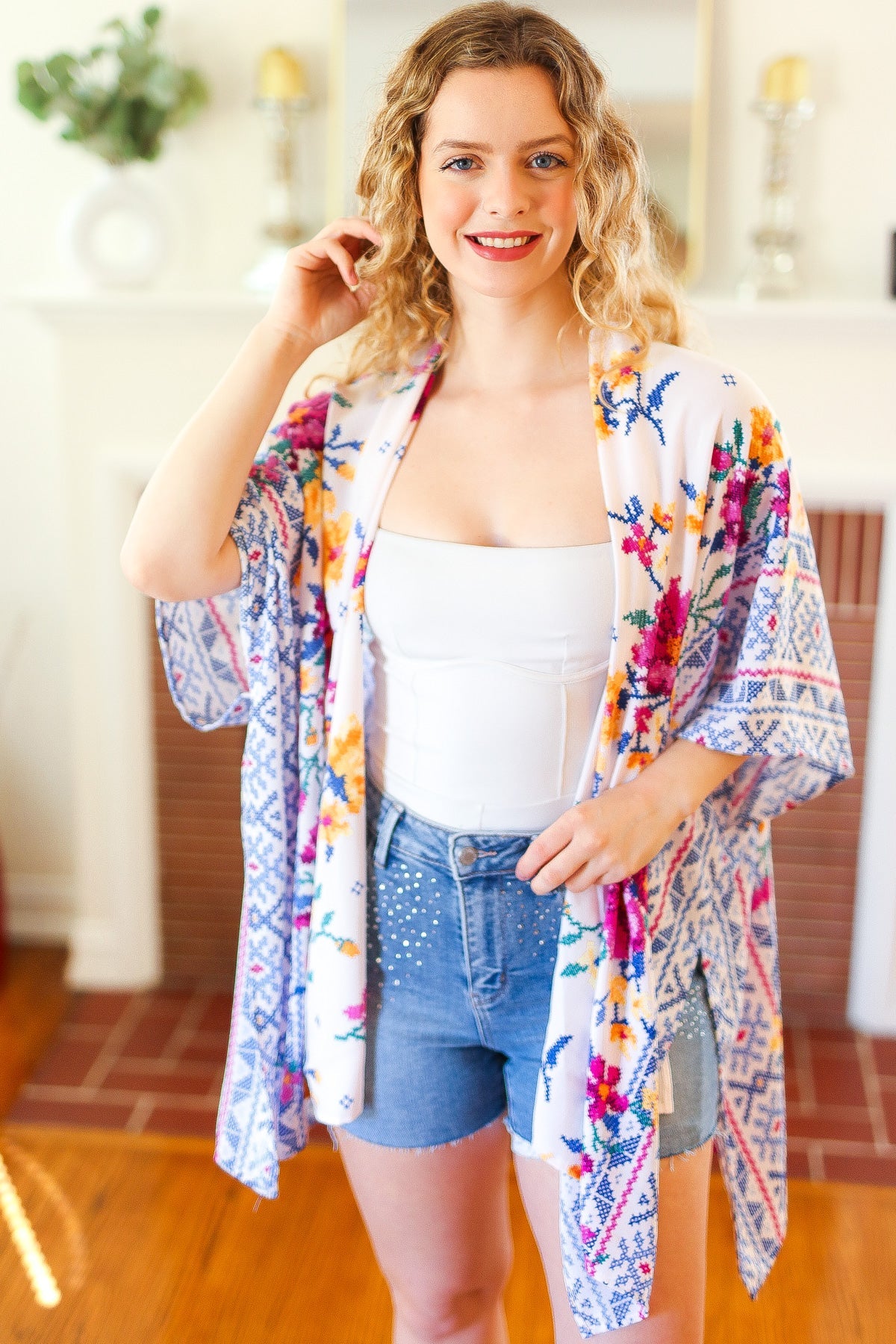 In Your Dreams Ivory Floral Border Print Open Kimono