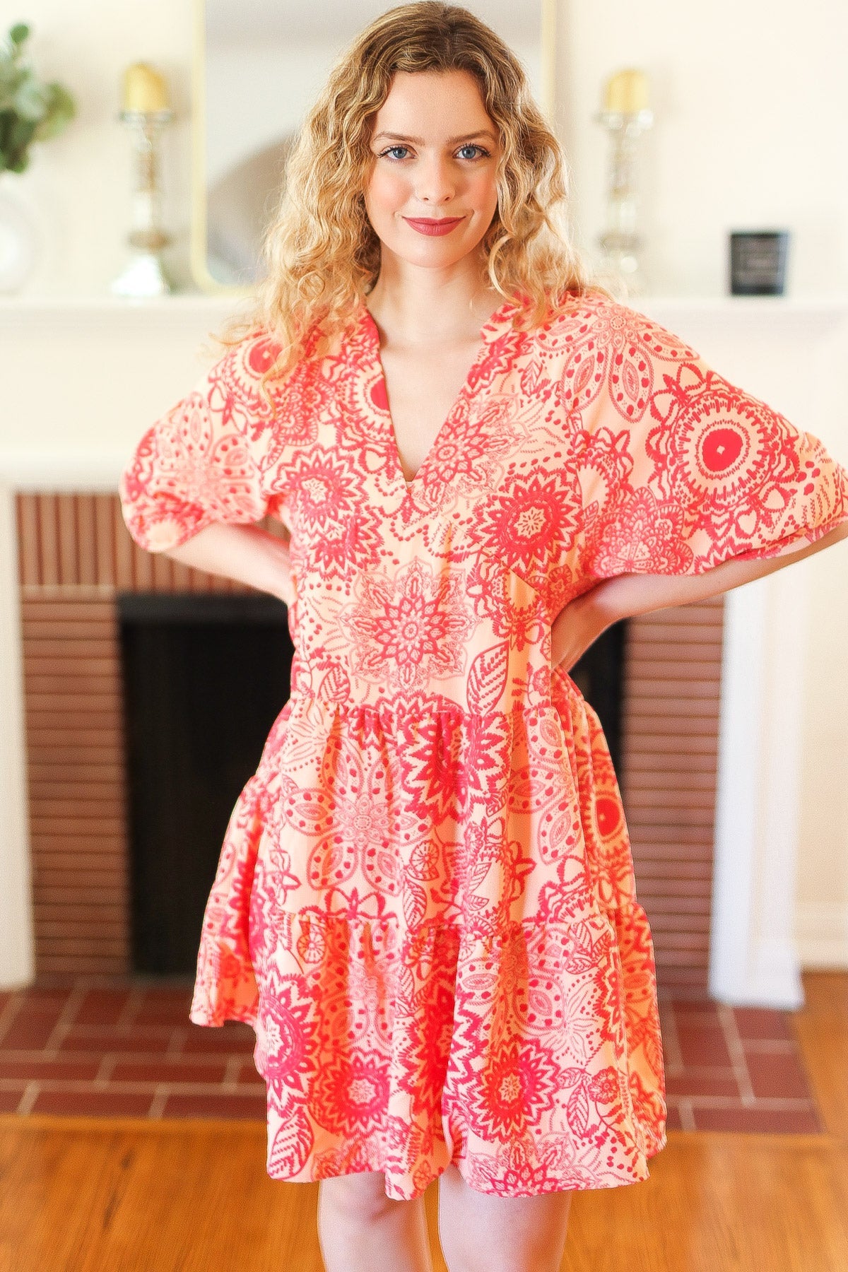 All You Need Peach & Coral Boho Floral V Neck Dress