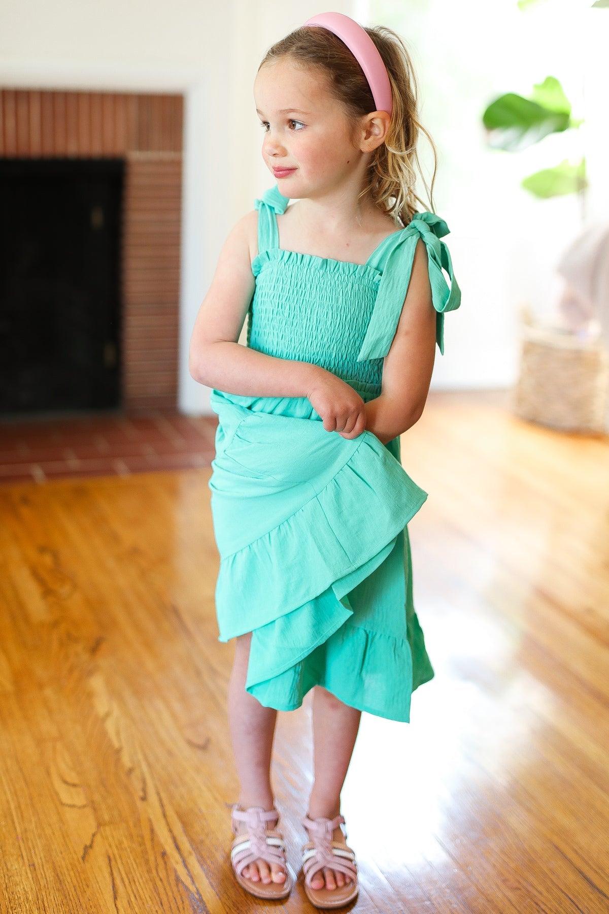 Kids Darling Lime Crepe Tiered Smocked Shoulder Tie Dress