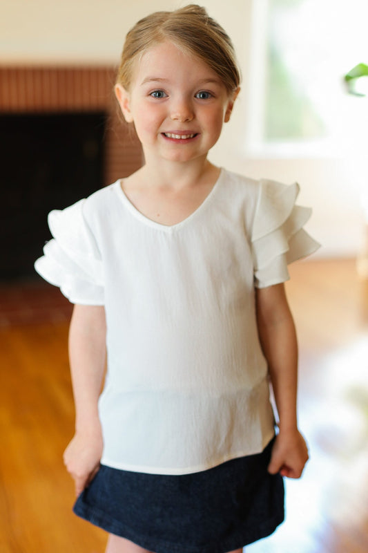 Kids Lovable Linen Feel V Neck Ruffle Sleeve Top