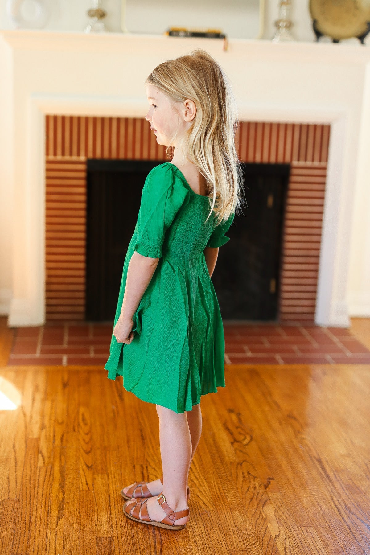 Kids Adorable Green Button Square Neck Ruche Back Dress