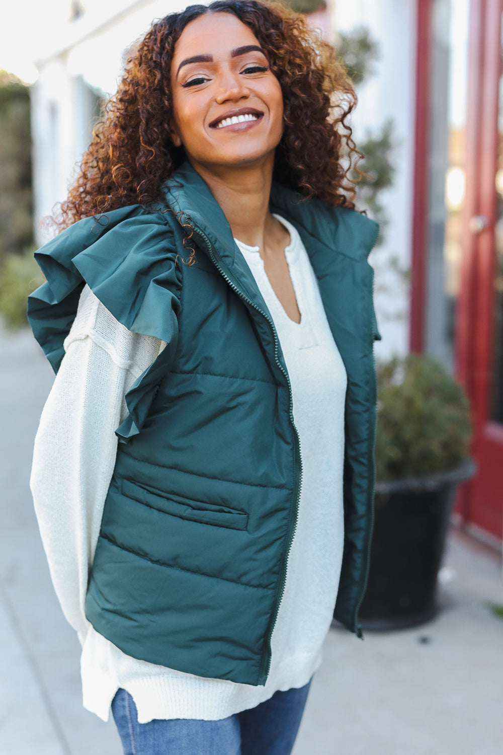 Feeling Festive Hunter Green Zipper Up Quilted Ruffle Sleeve Puffer Vest