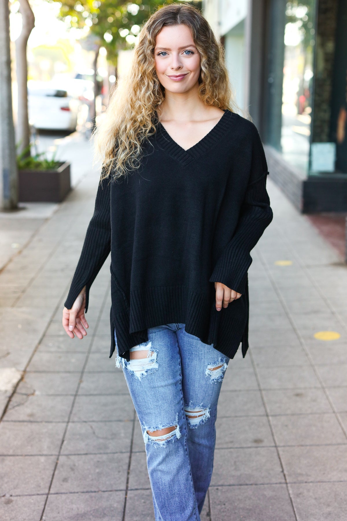 Casual Chic Black Oversized V Neck Rib Knit Sweater