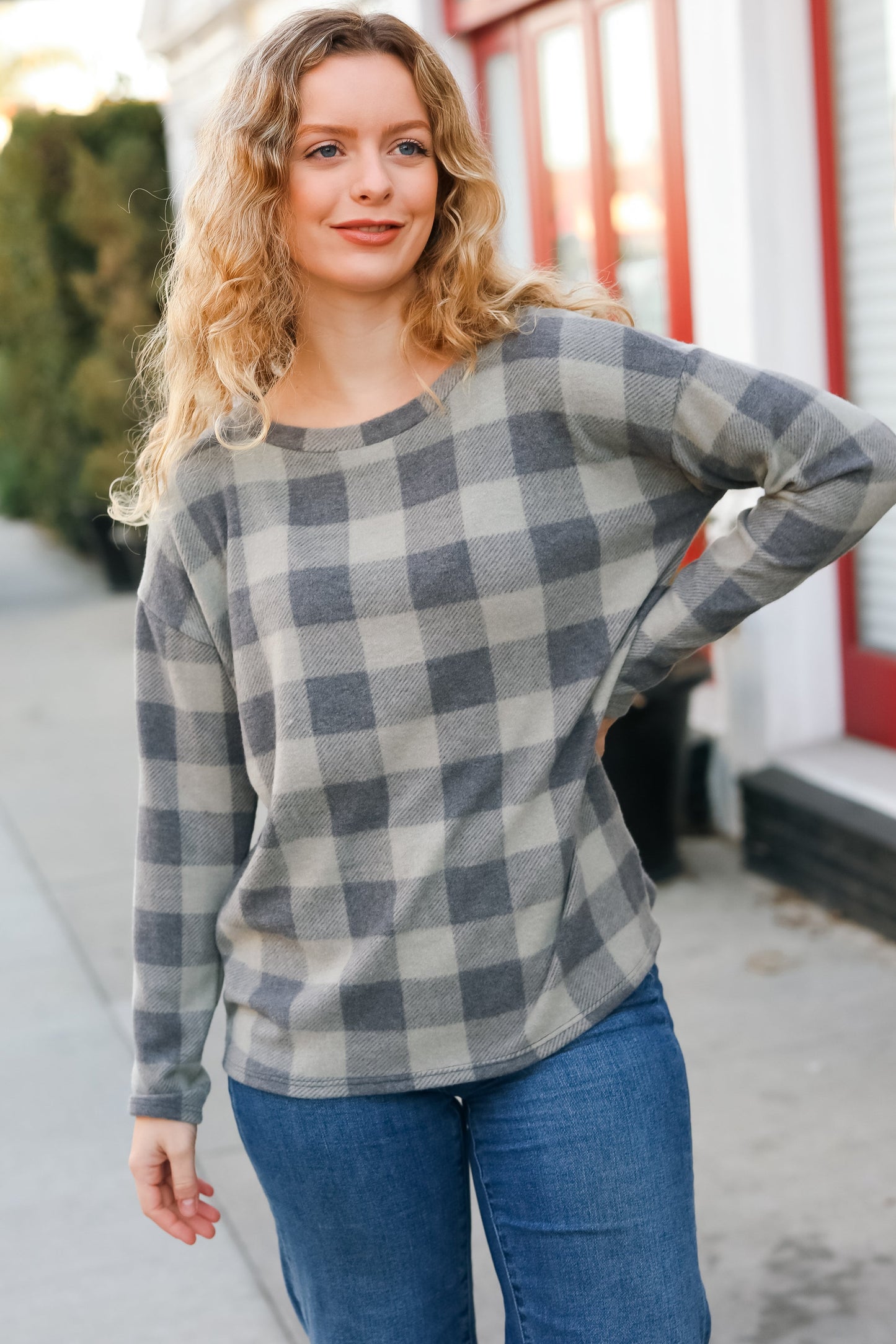 Check It Out Olive Grey Checker Plaid Hacci Pullover