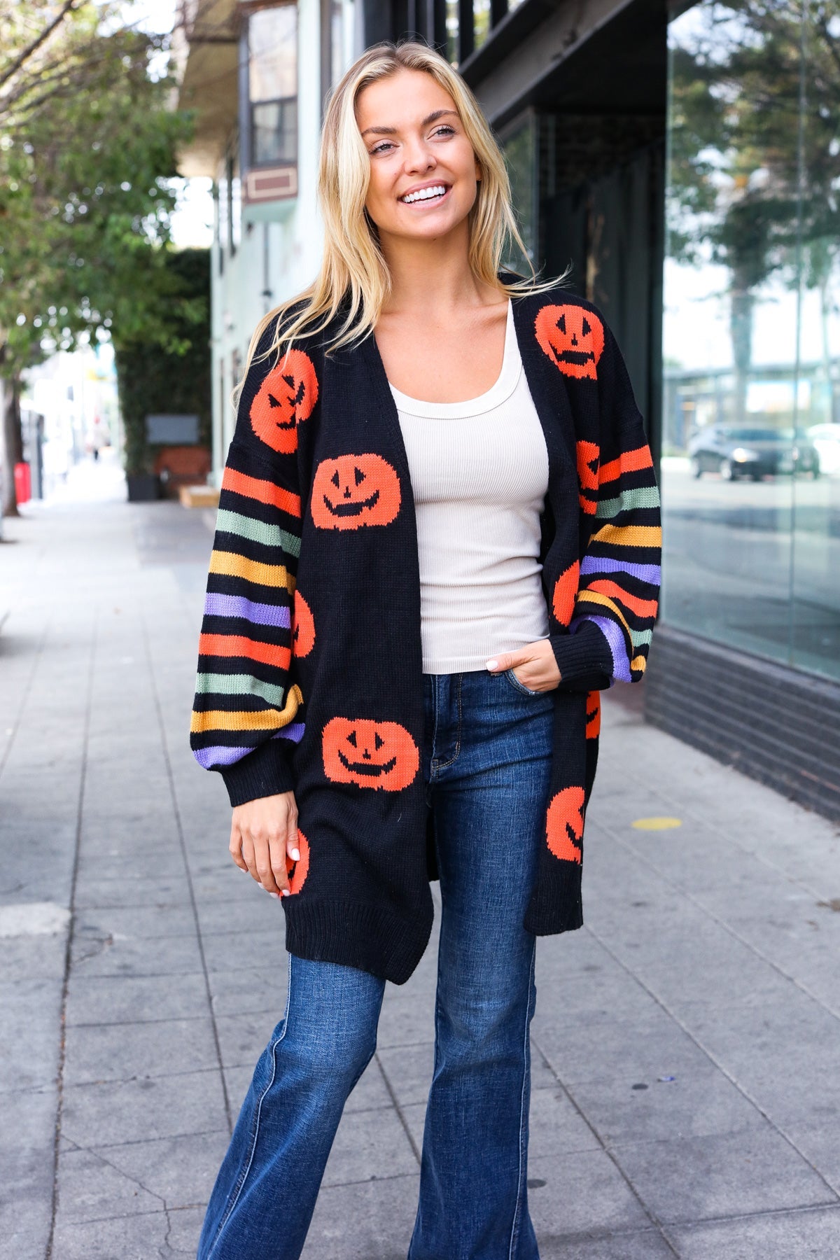 Pumpkin Multicolor Stripe Jacquard Knit Open Cardigan