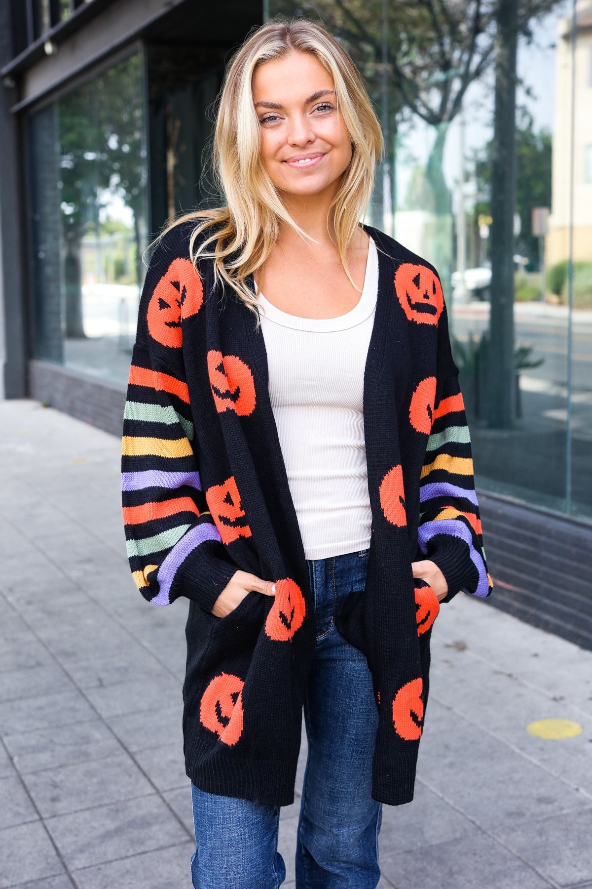 Pumpkin Multicolor Stripe Jacquard Knit Open Cardigan