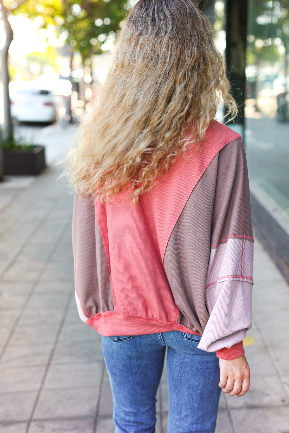 Boldy You Camel Dolman Sleeve Colorblock Knit Bomber Jacket