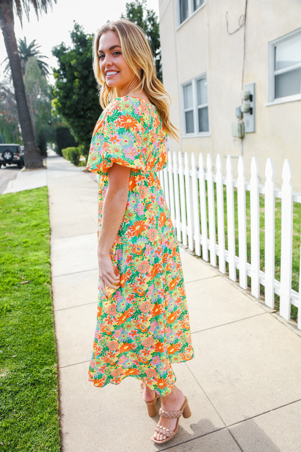 Hello Beautiful Sage Elastic V Neck Tiered Daisy Floral Maxi Dress