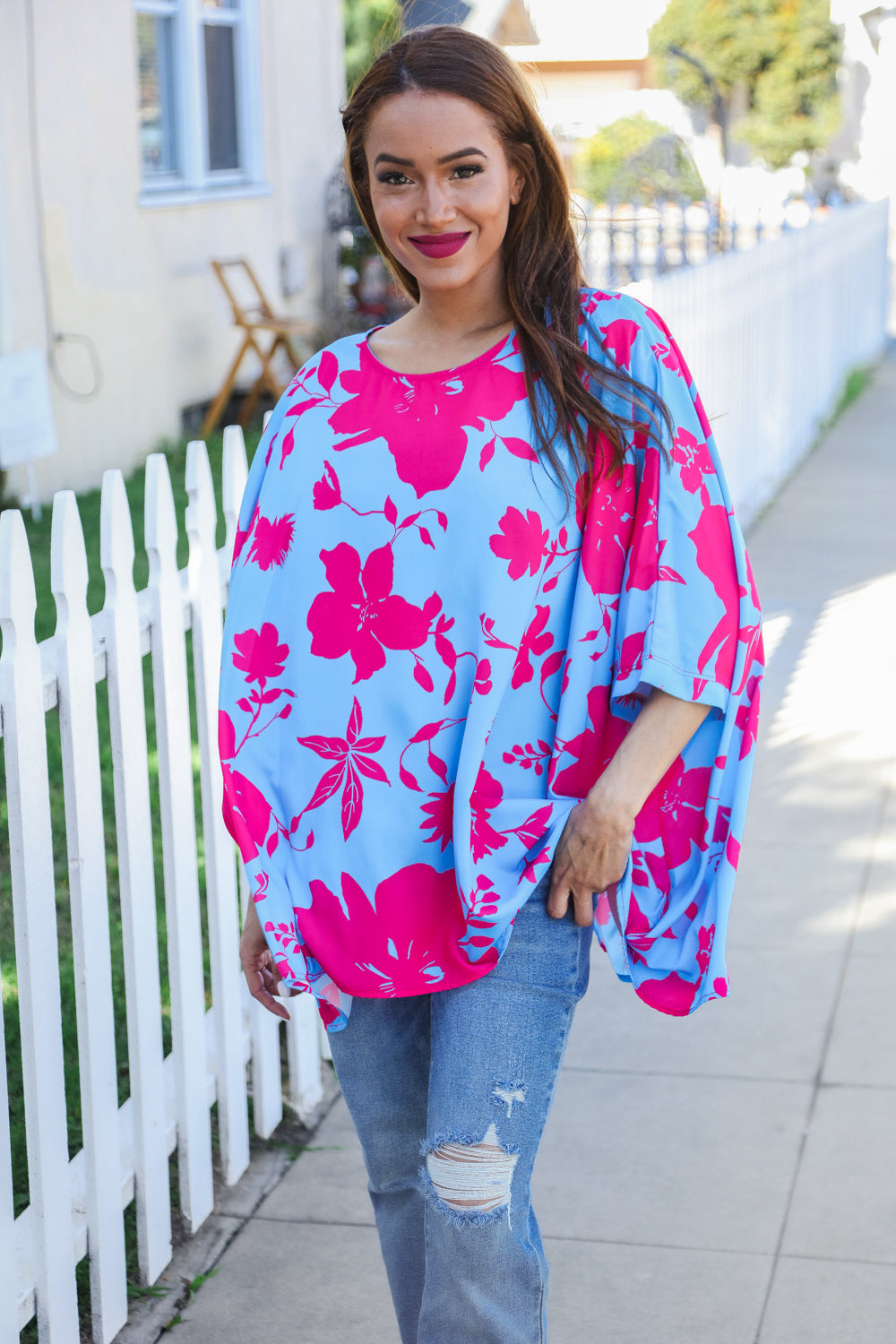 Follow Me Fuchsia Floral Asymmetrical Coverup Blouse