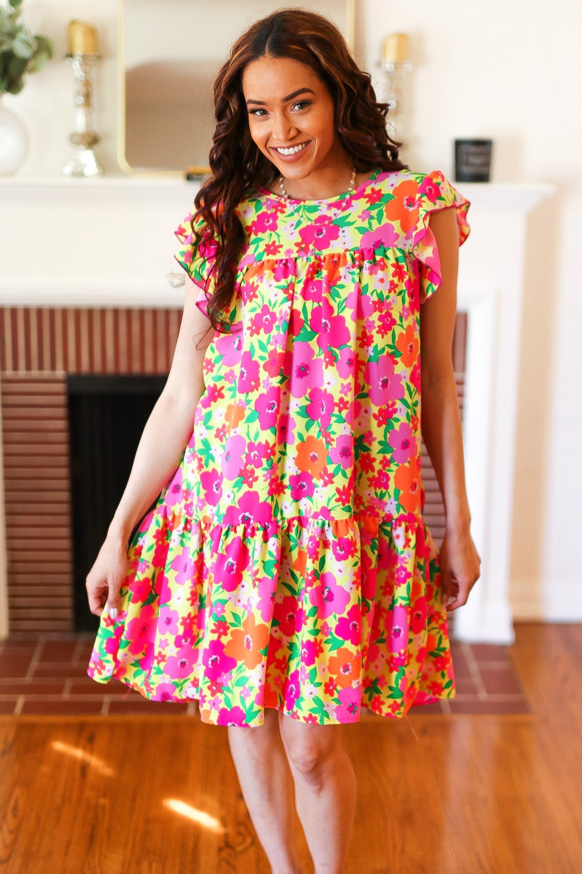 Be Charming Lime & Pink Floral Print Tiered Ruffle Sleeve Dress