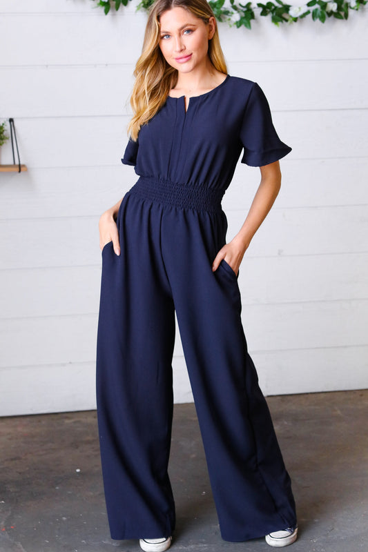 Dark Blue Smocked Waist Notch Neck Crepe Jumpsuit