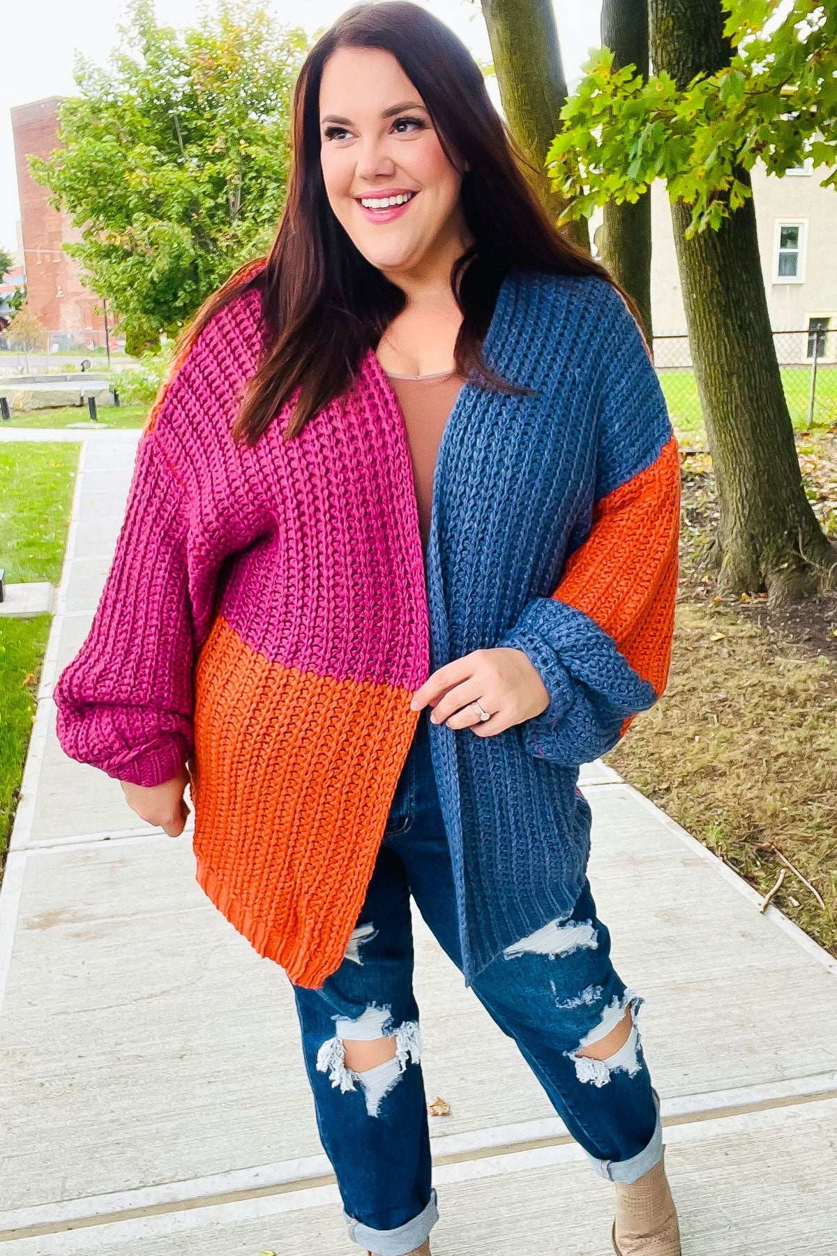 Dazzle In Magenta & Navy Chunky Knit Color Block Cardigan