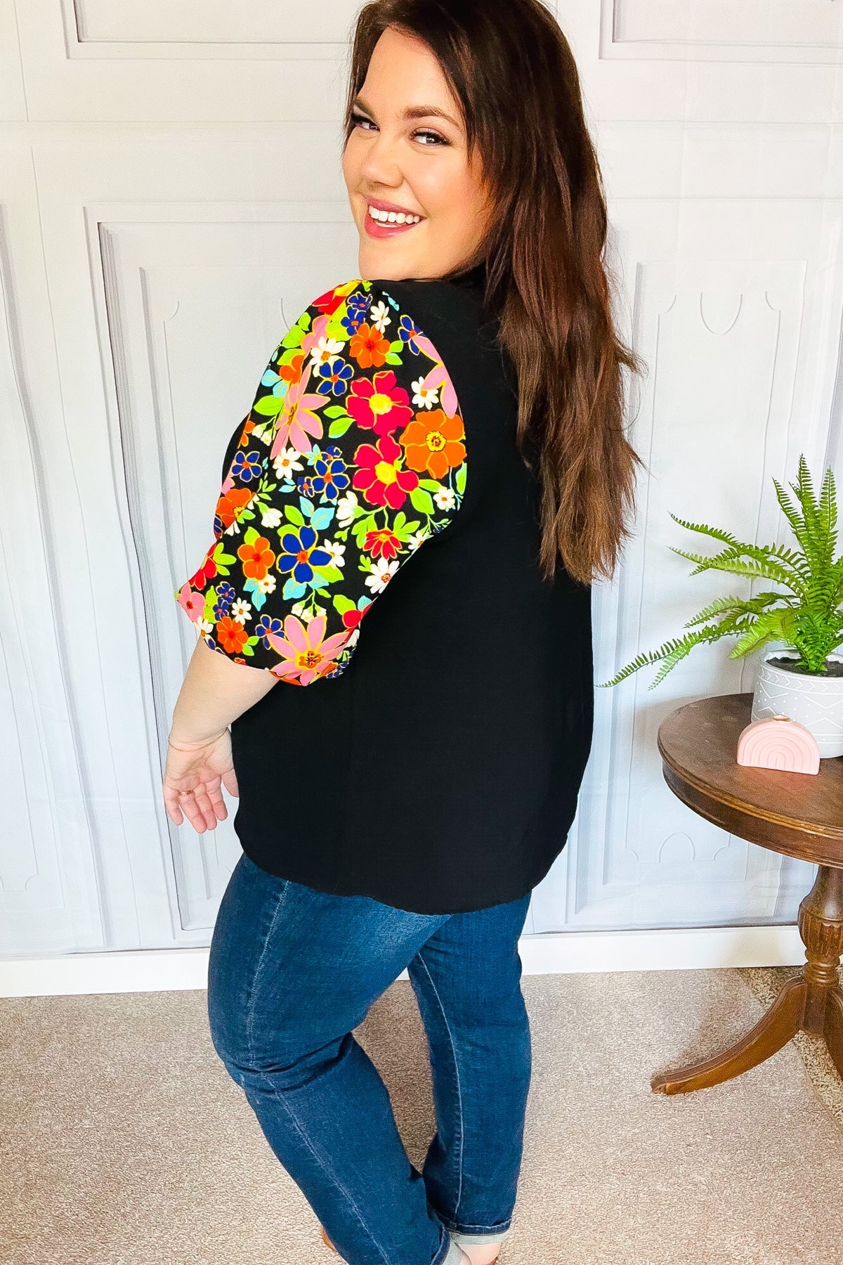 Eyes On You Black Floral Puff Sleeve V Neck Top