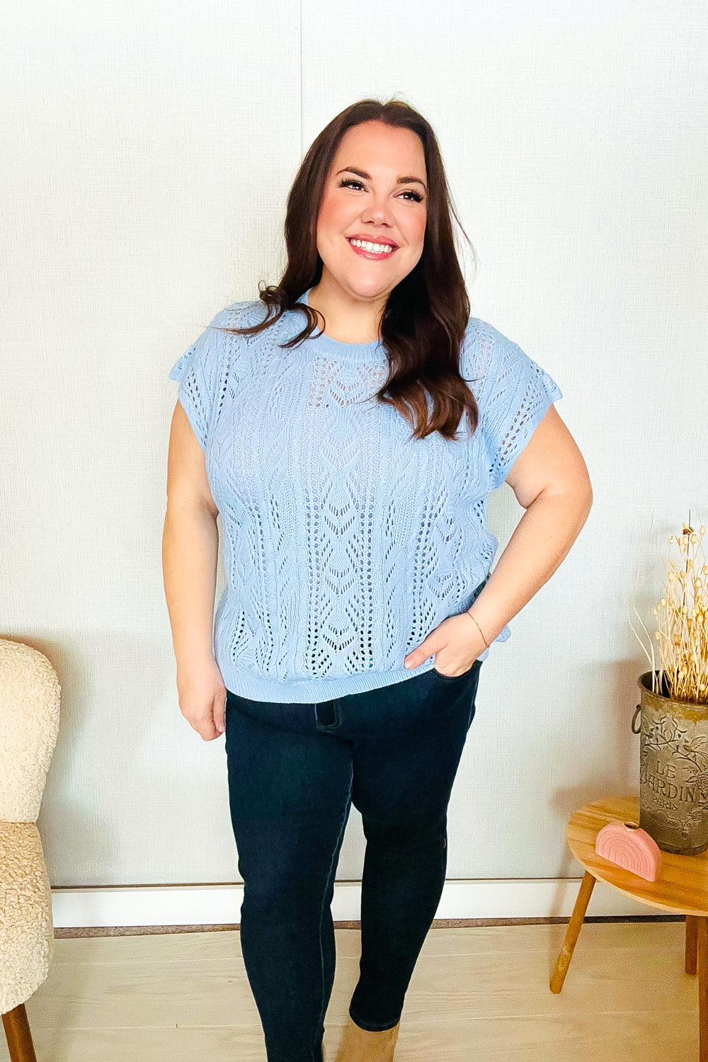 The Perfect Find Sky Blue Dolman Short Sleeve Crochet Sweater Top