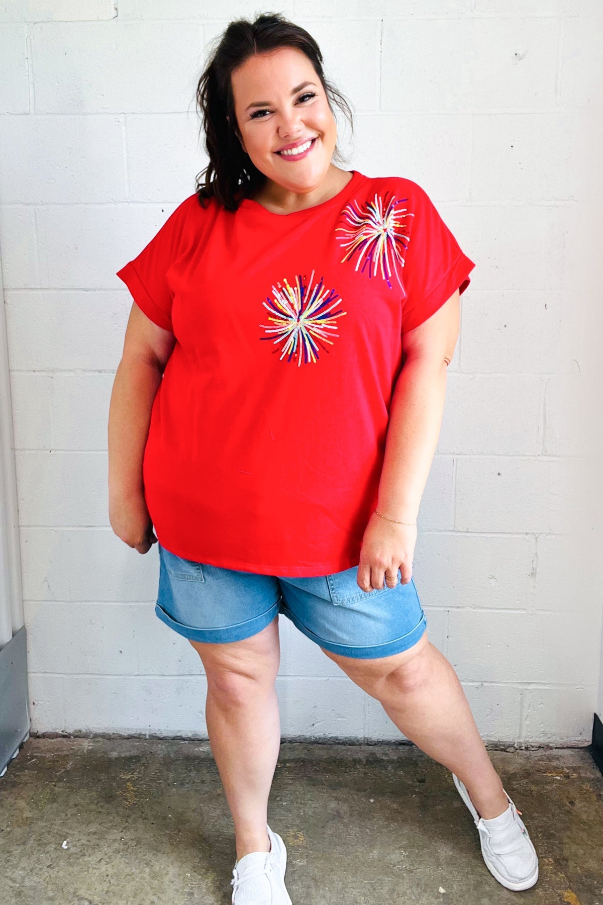 Light Me Up Red Sequin Firework Dolman Top