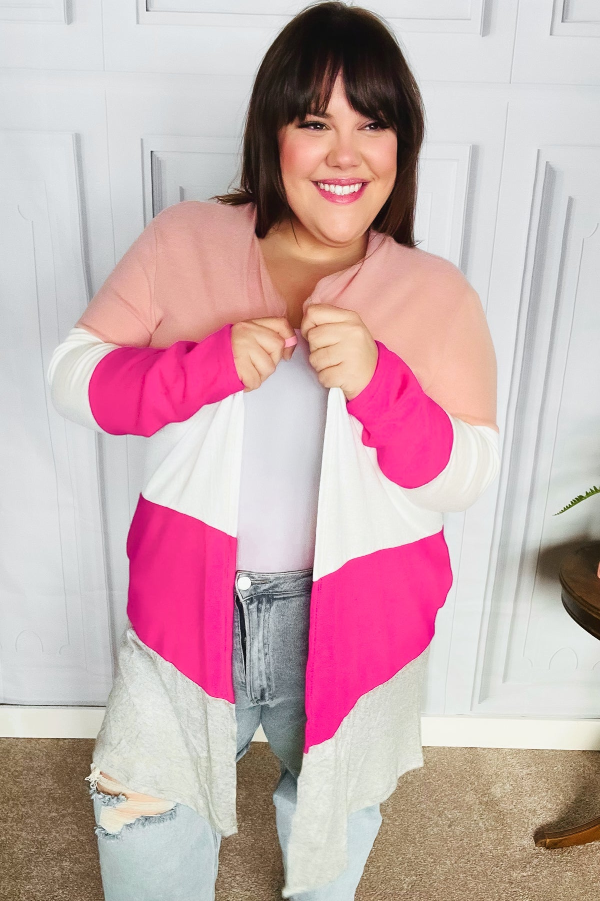 Face The Day Blush Wide Stripe Hacci Colorblock Cardigan