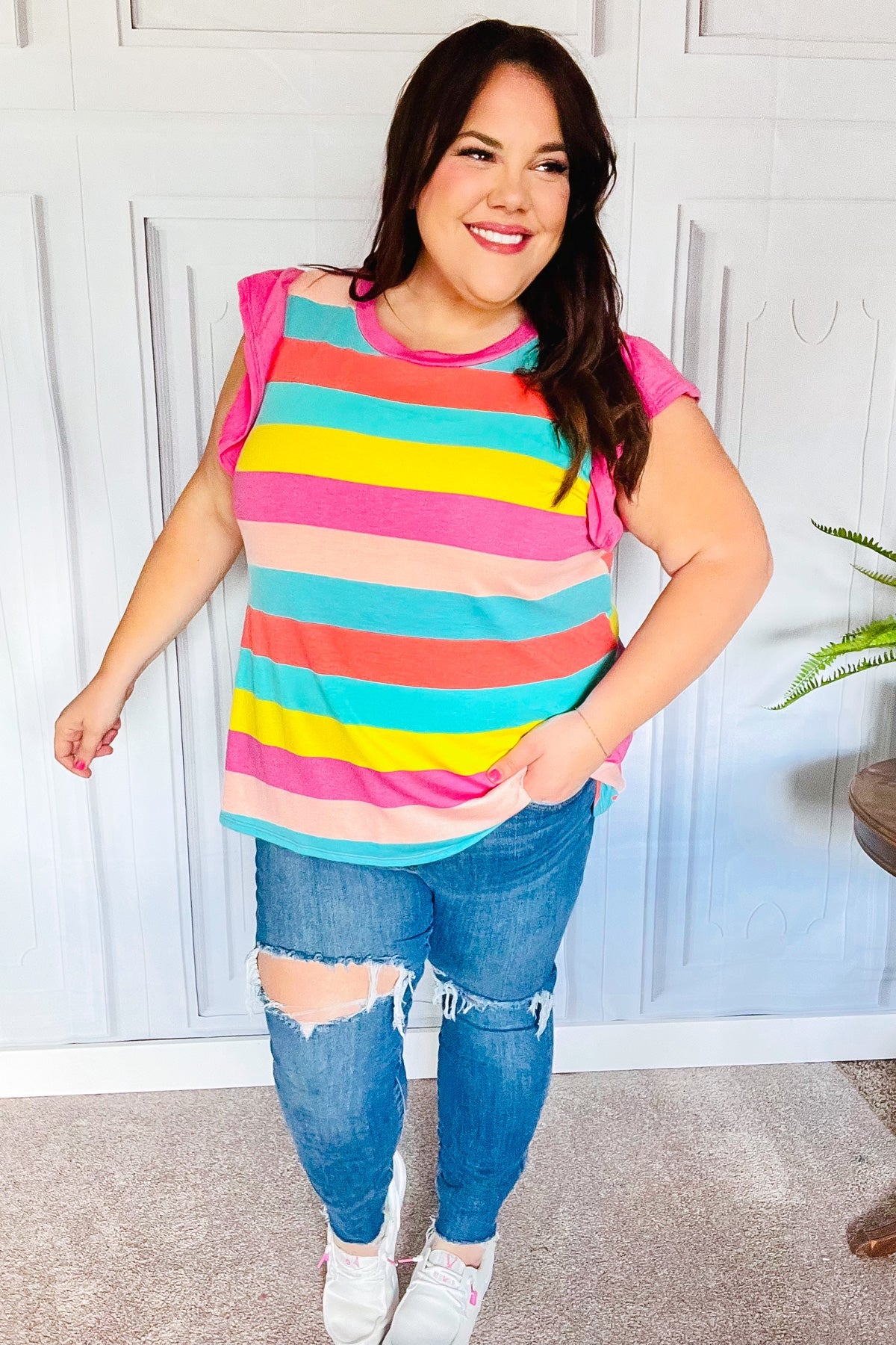 Relaxed Fun Mint & Fuchsia Stripe Flutter Sleeve Terry Knit Top