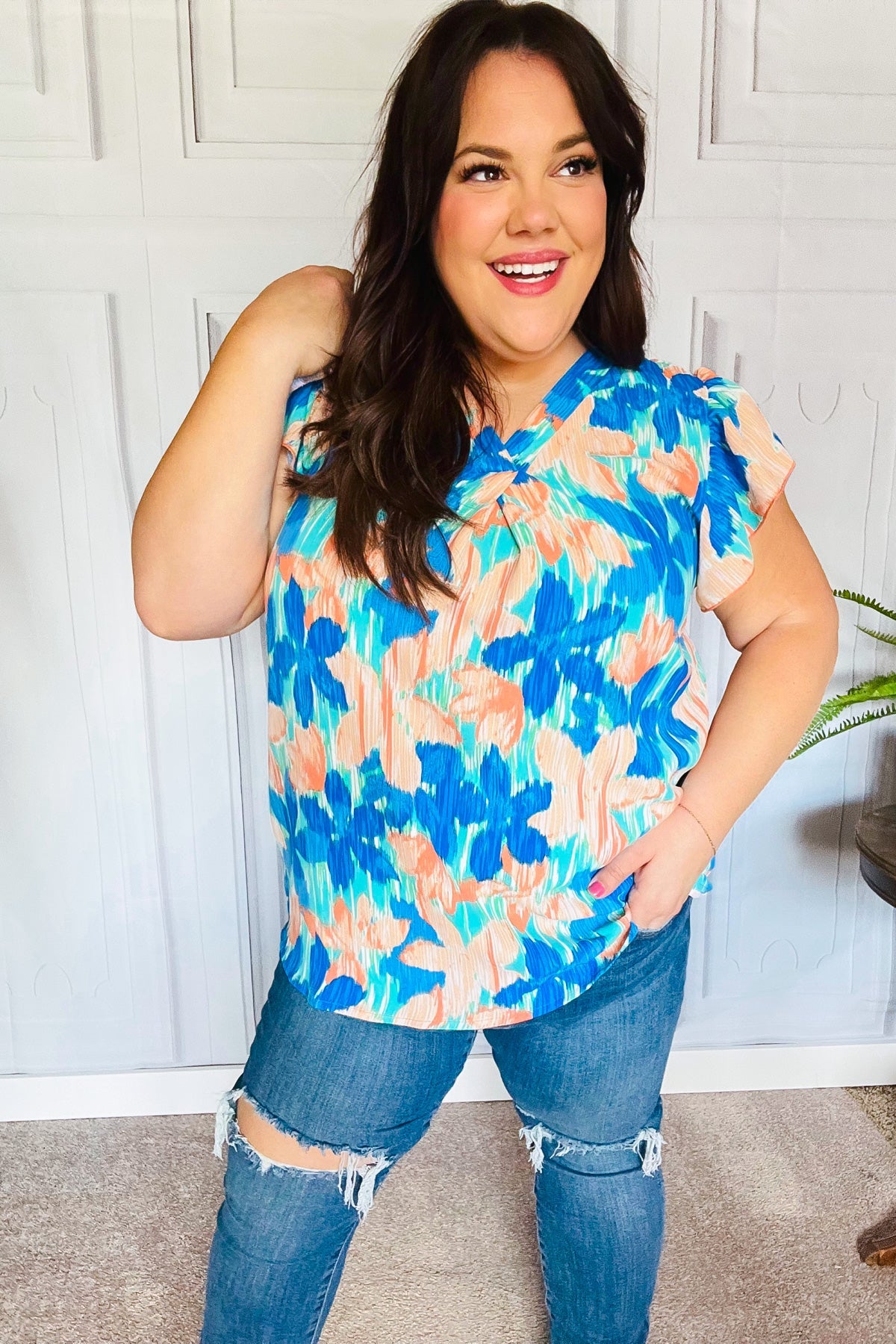 Tropical Breeze Turquoise Floral Banded V Neck Flutter Sleeve Top