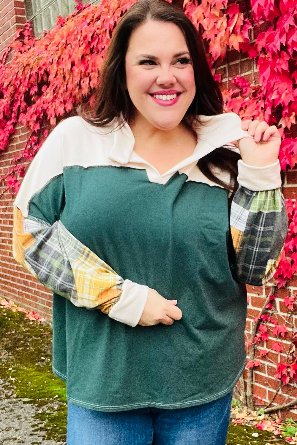 Fall For You Hunter Green Plaid Color Block Collared Terry Top