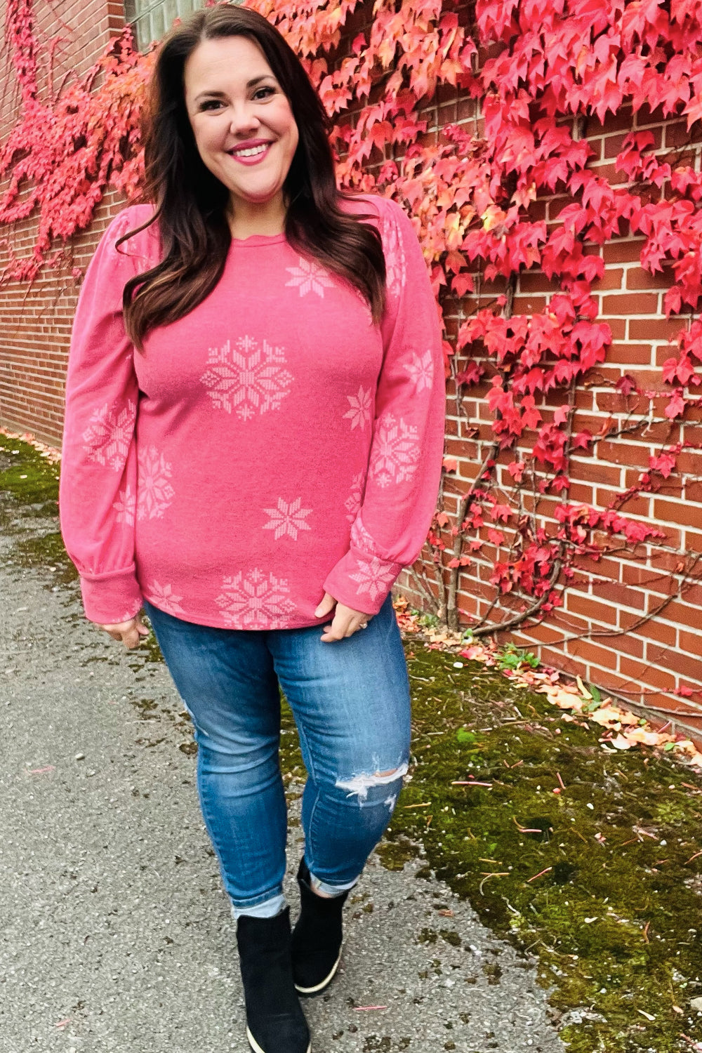 Holiday Ready Red Snowflake Brushed Hacci Sweater Top