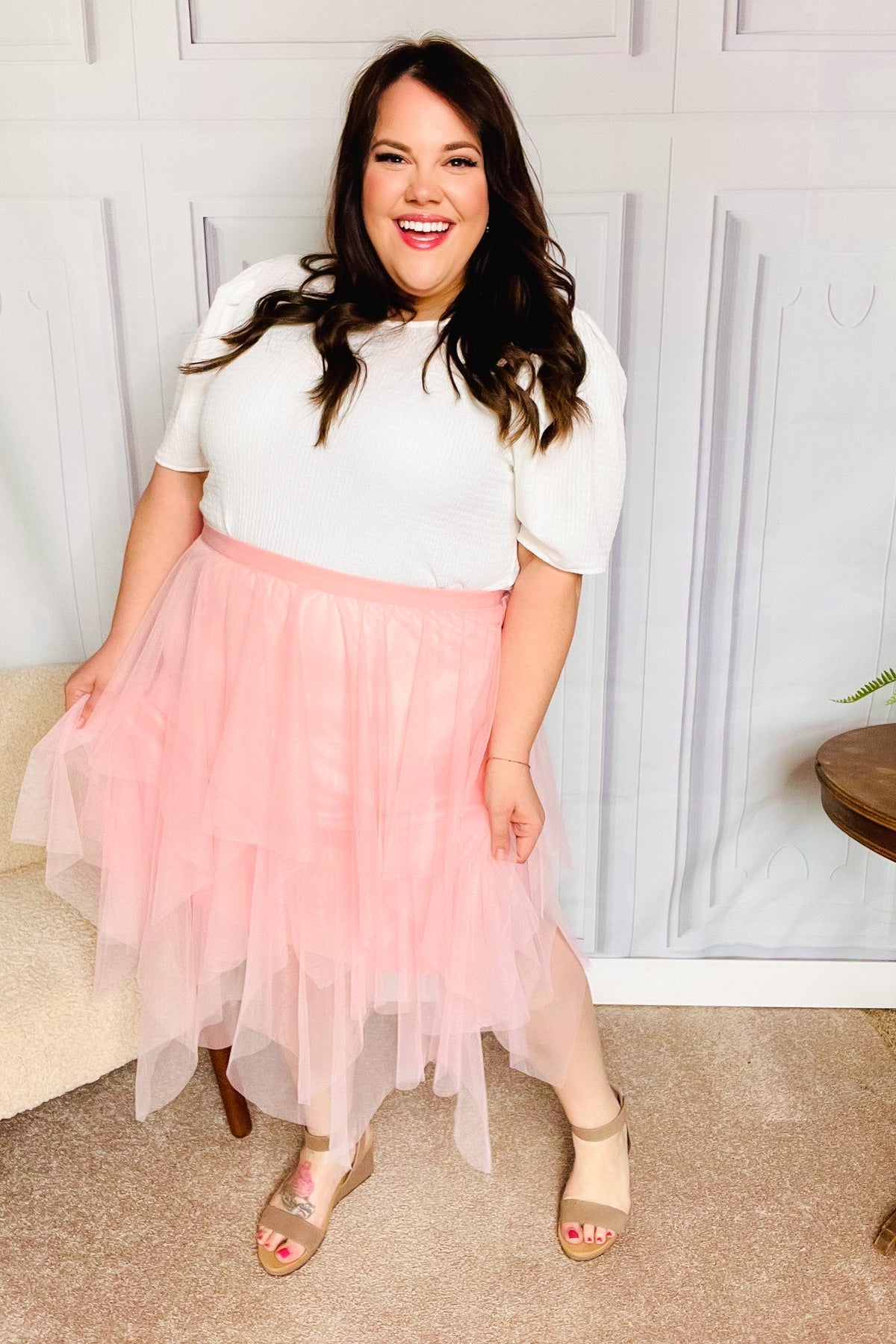 Feeling Femme' Blush Asymmetric Tiered Tulle Midi Skirt