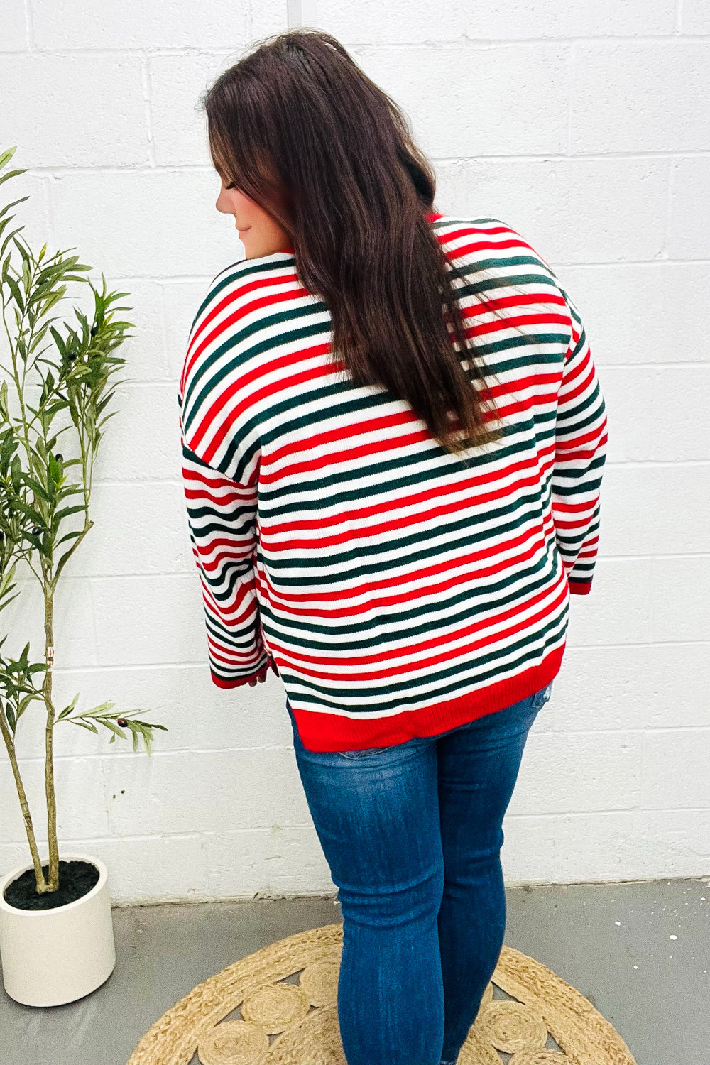 Christmas Red & Green Striped Oversized Knit Sweater