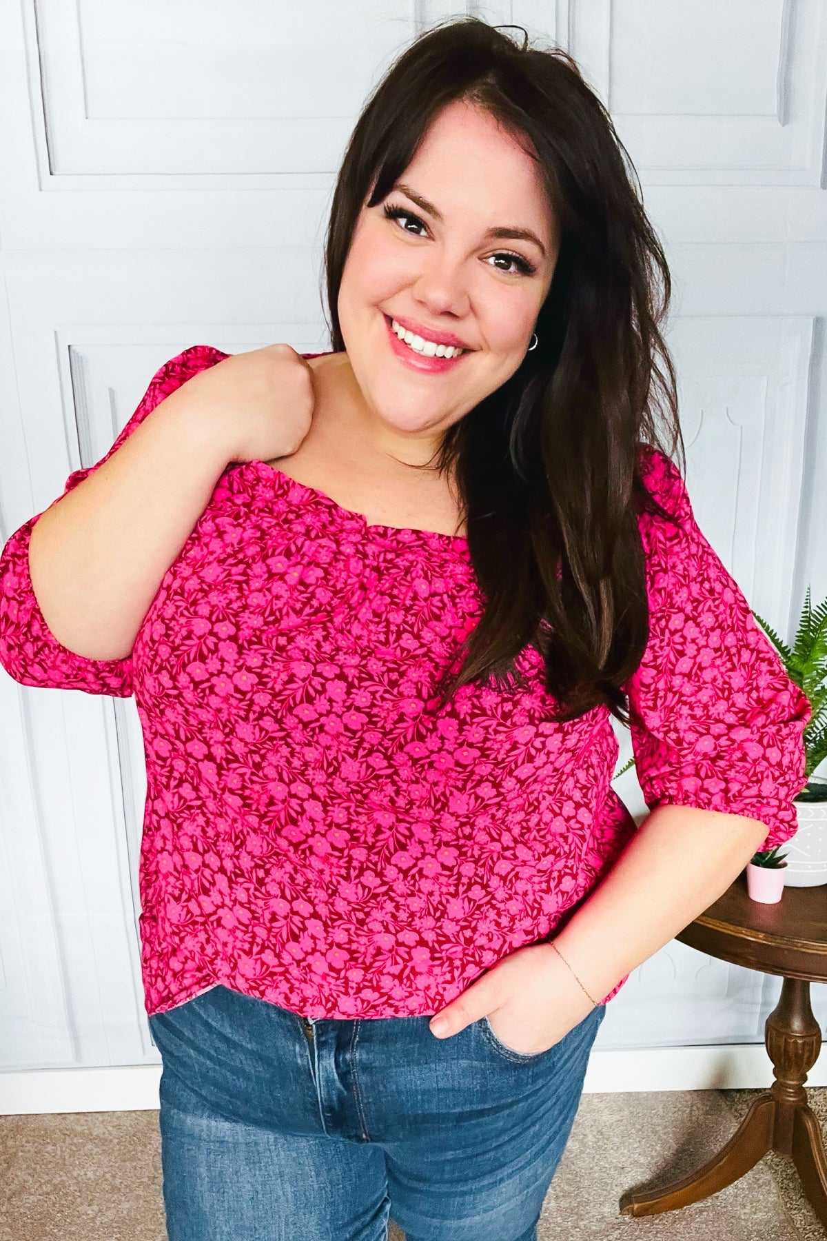 Perfectly You Fuchsia Floral Three Quarter Sleeve Square Neck Top