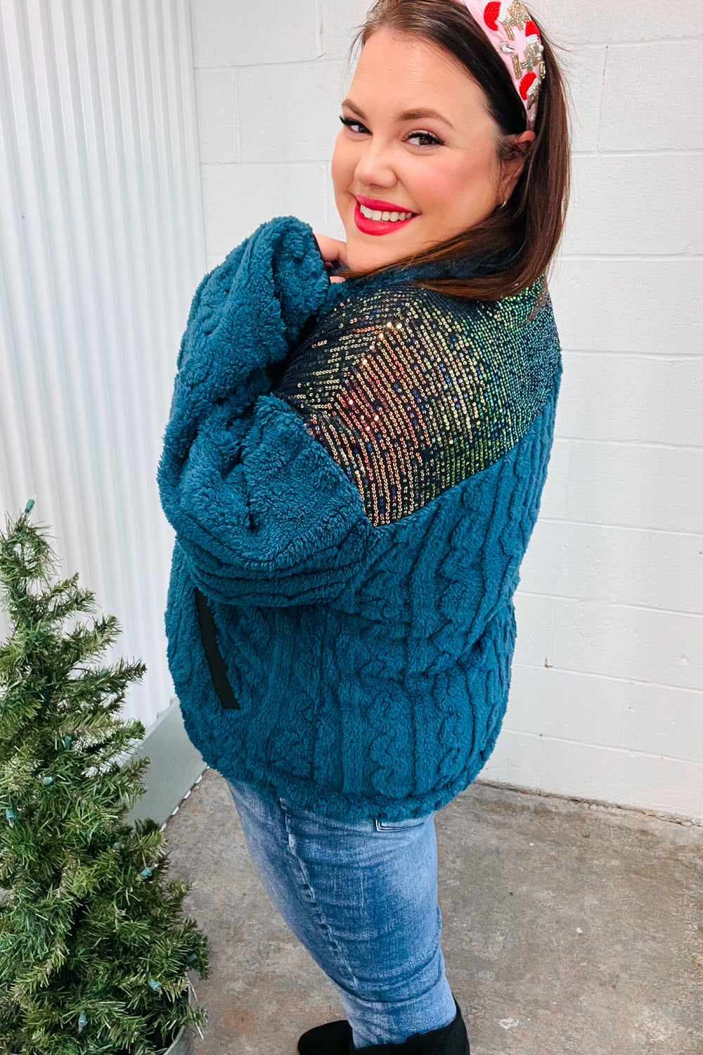 Going With You Teal Sequin & Sherpa Half Zip Pullover