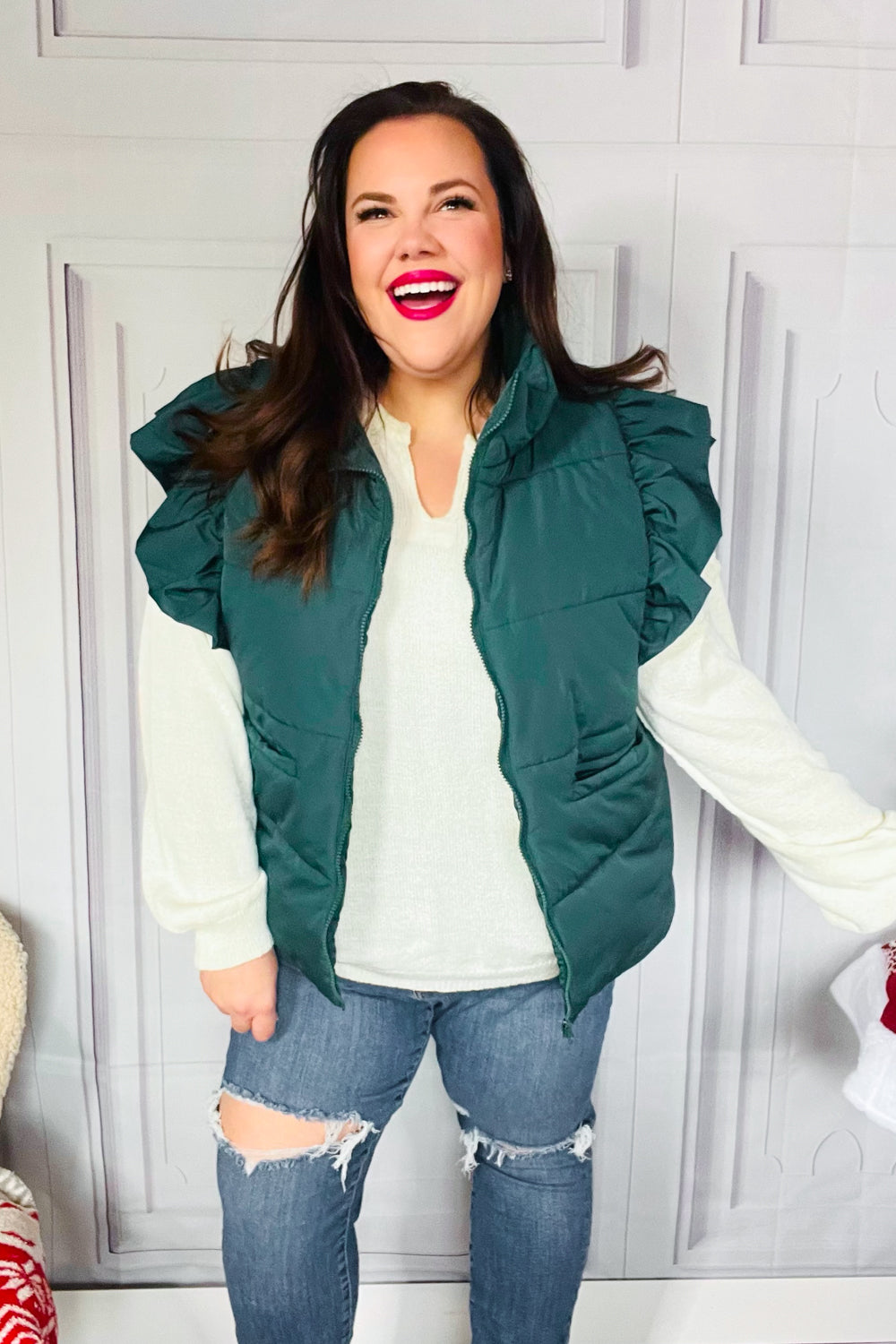 Feeling Festive Hunter Green Zipper Up Quilted Ruffle Sleeve Puffer Vest