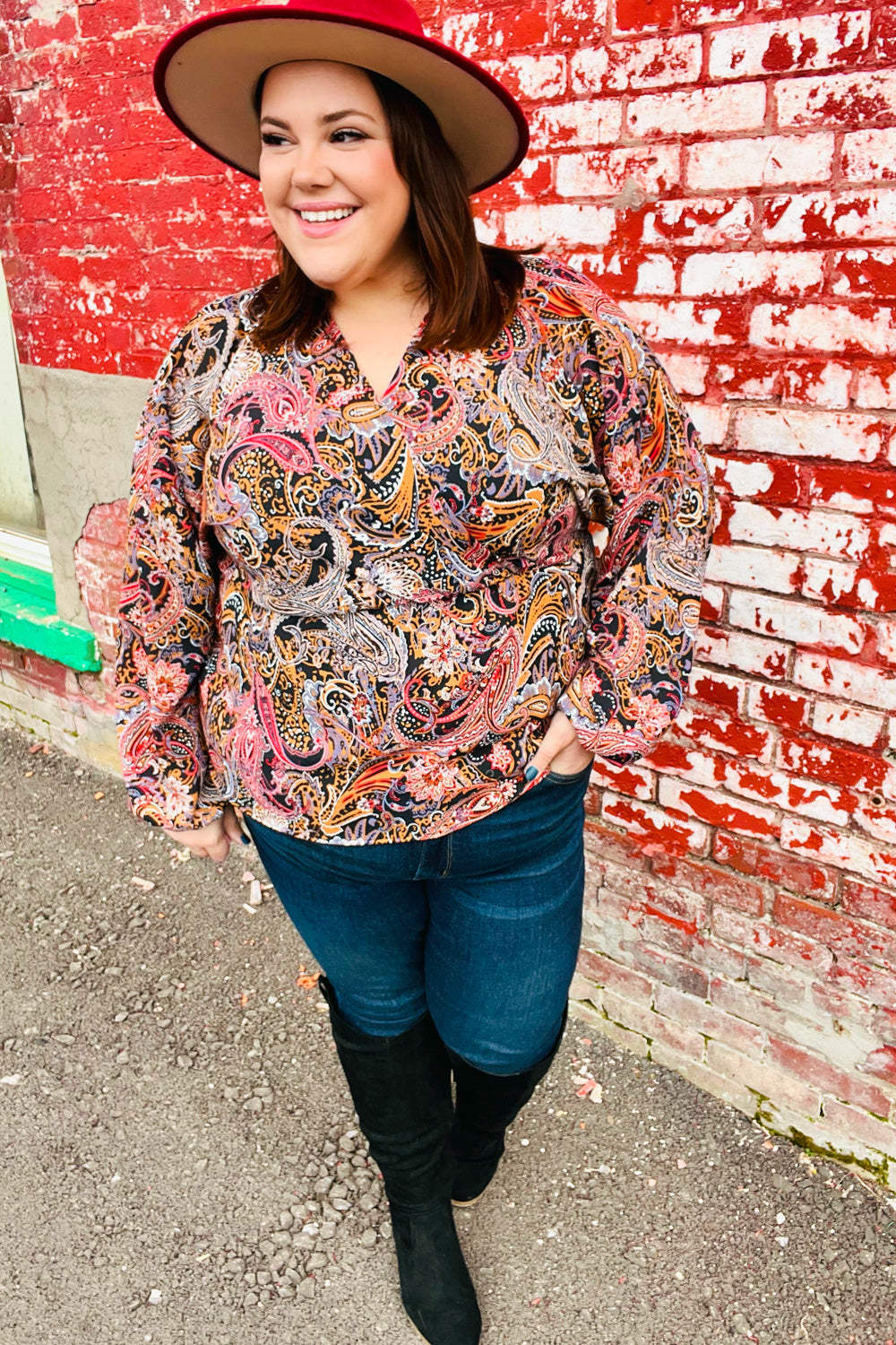 Feeling Elegant Black & Rust Paisley Surplice Peplum Top